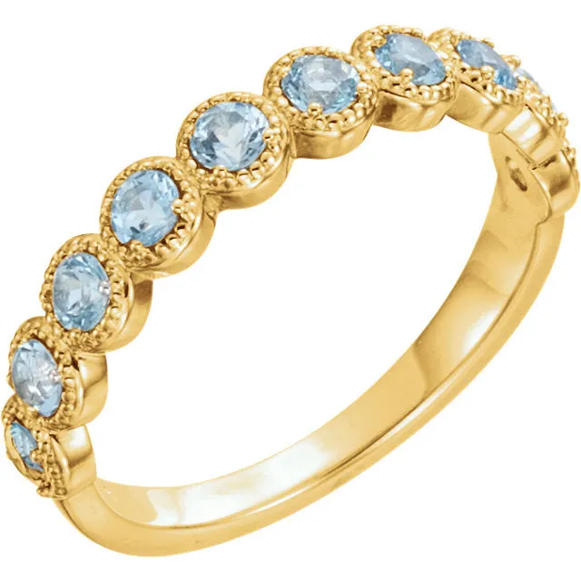 14k Gold Genuine Aquamarine Beaded Milgrain Anniversary Ring - White, Yellow or Rose Gold