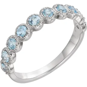 14k Gold Genuine Aquamarine Beaded Milgrain Anniversary Ring - White, Yellow or Rose Gold