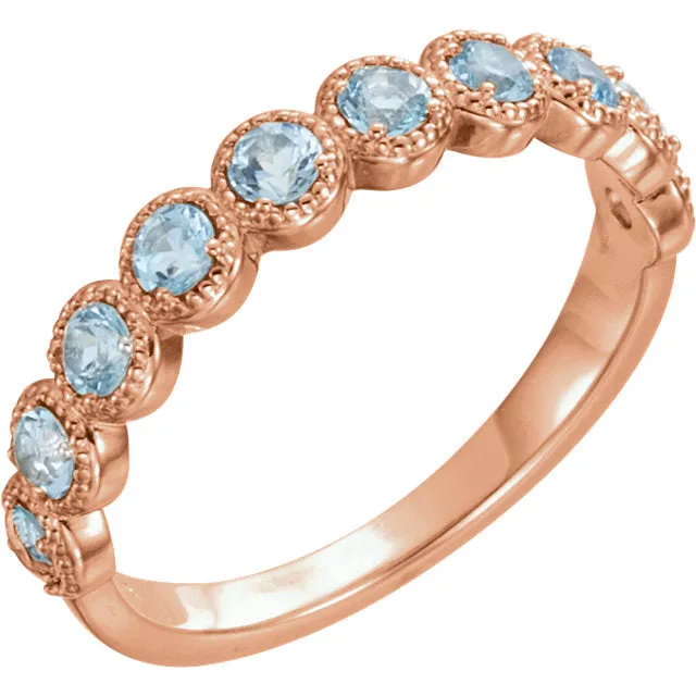 14k Gold Genuine Aquamarine Beaded Milgrain Anniversary Ring - White, Yellow or Rose Gold