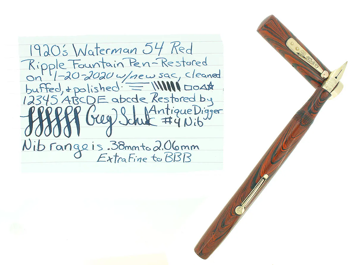 1920S WATERMAN 54 RED RIPPLE XF-BBB 2.06MM FLEX 14K NIB FOUNTAIN PEN RESTORED