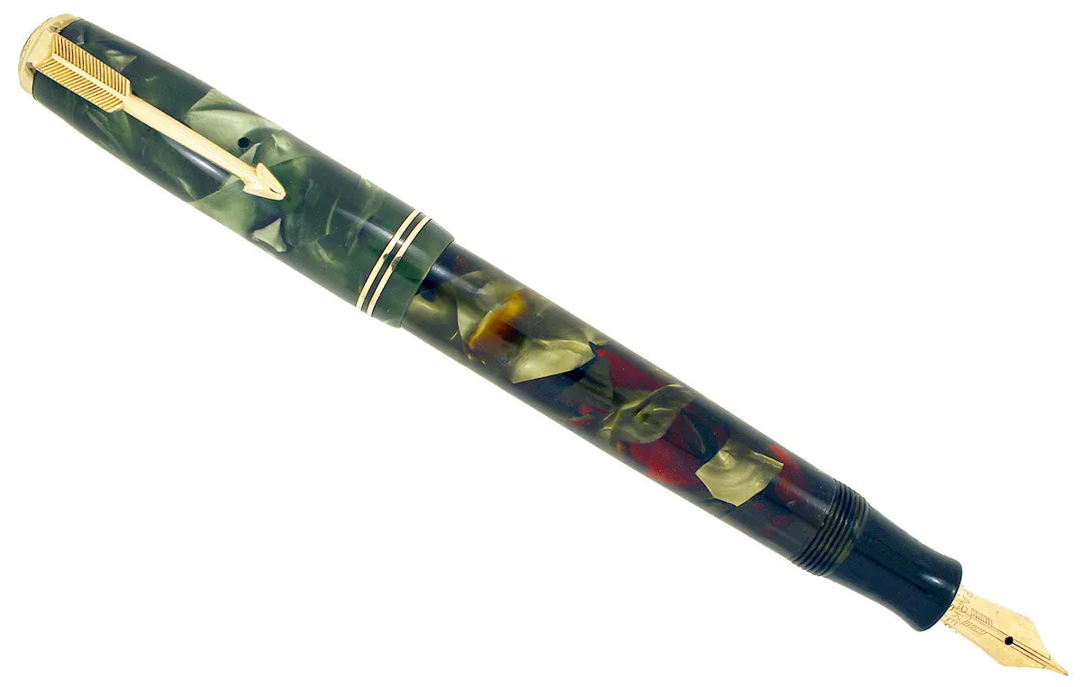 1937 PARKER MOTTLED GREEN LARGE JR DOUBLE JEWEL VACUMATIC FOUNTAIN PEN RESTORED