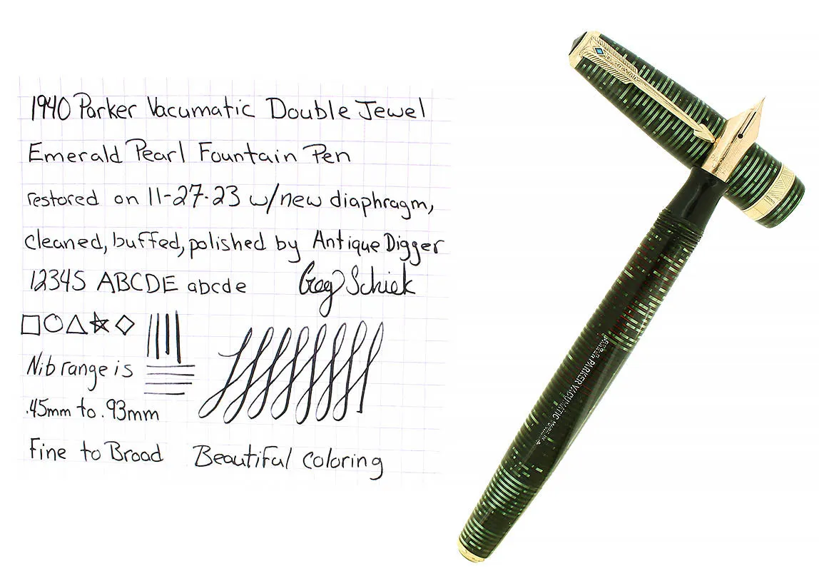 1940 PARKER VACUMATIC EMERALD PEARL DOUBLE JEWEL MAJOR FOUNTAIN PEN RESTORED