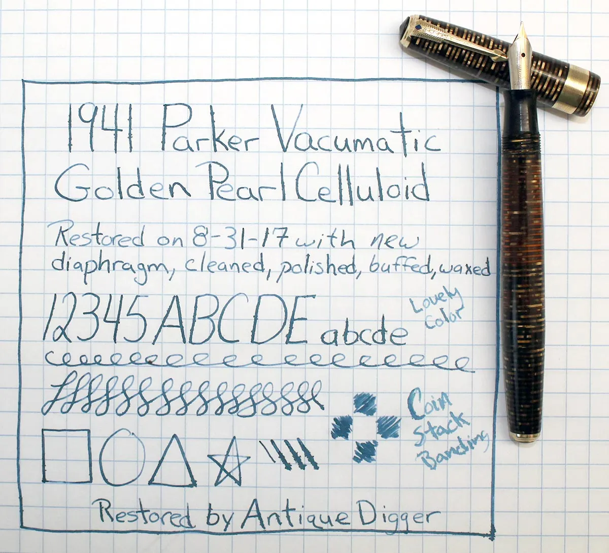 1941 PARKER GOLD PEARL DOUBLE JEWEL VACUMATIC FOUNTAIN PEN JEWELER BAND RESTORED