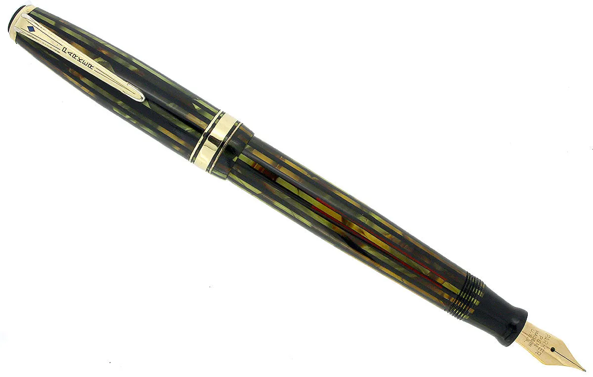 1941 PARKER STRIPED SENIOR DUOFOLD GREEN GOLD CELLULOID FOUNTAIN PEN RESTORED