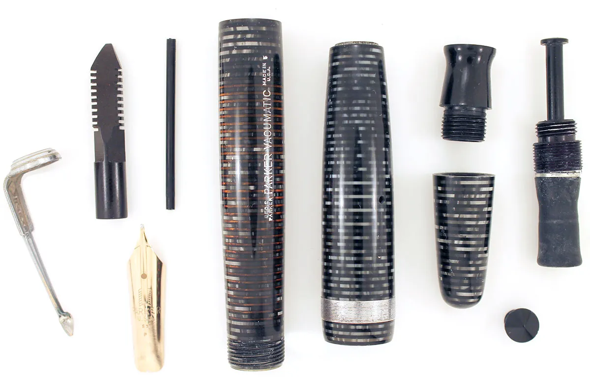 1945 PARKER SILVER PEARL VACUMATIC MAJOR FOUNTAIN PEN COIN STACKED JEWELERS BAND RESTORED