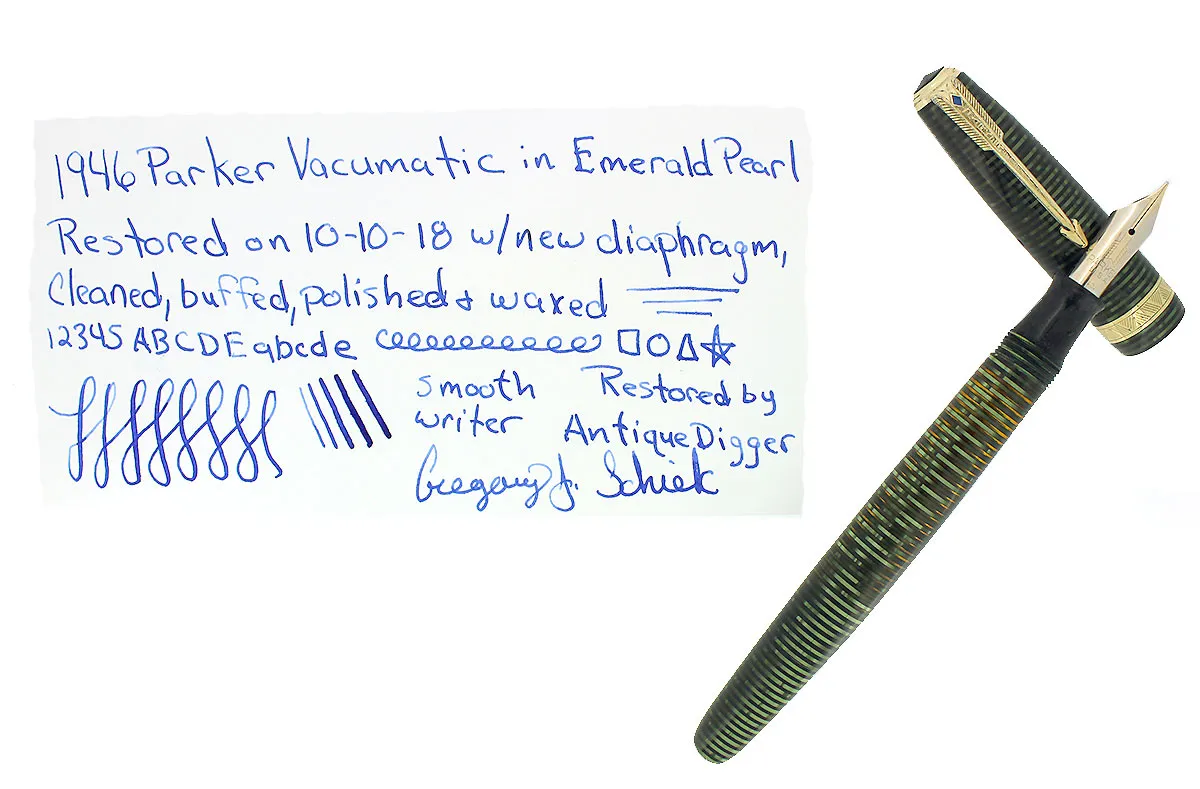 1946 PARKER EMERALD PEARL VACUMATIC MAJOR FOUNTAIN PEN XF-B FLEX NIB RESTORED