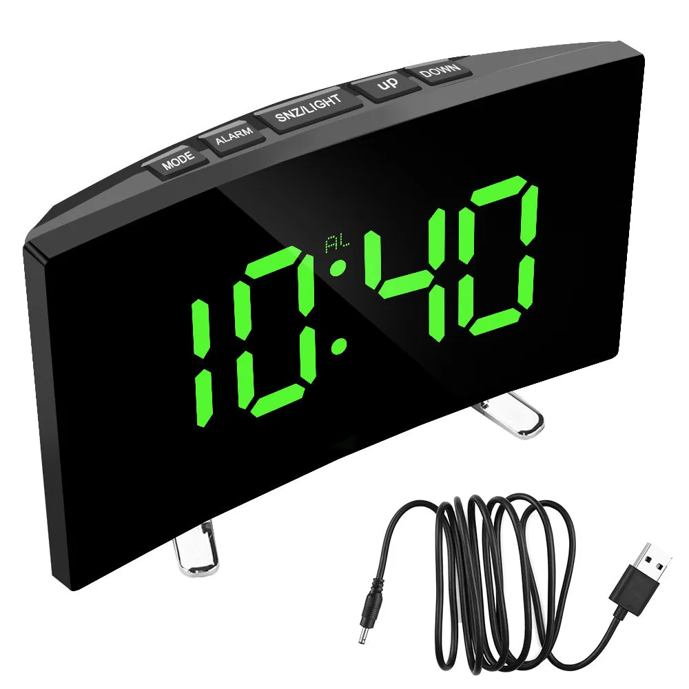 Bedroom Curved Dimmable Mirror Clock Large Number Table Clock Electric Night Clock LED Screen Digital Alarm Clock 7 Inch