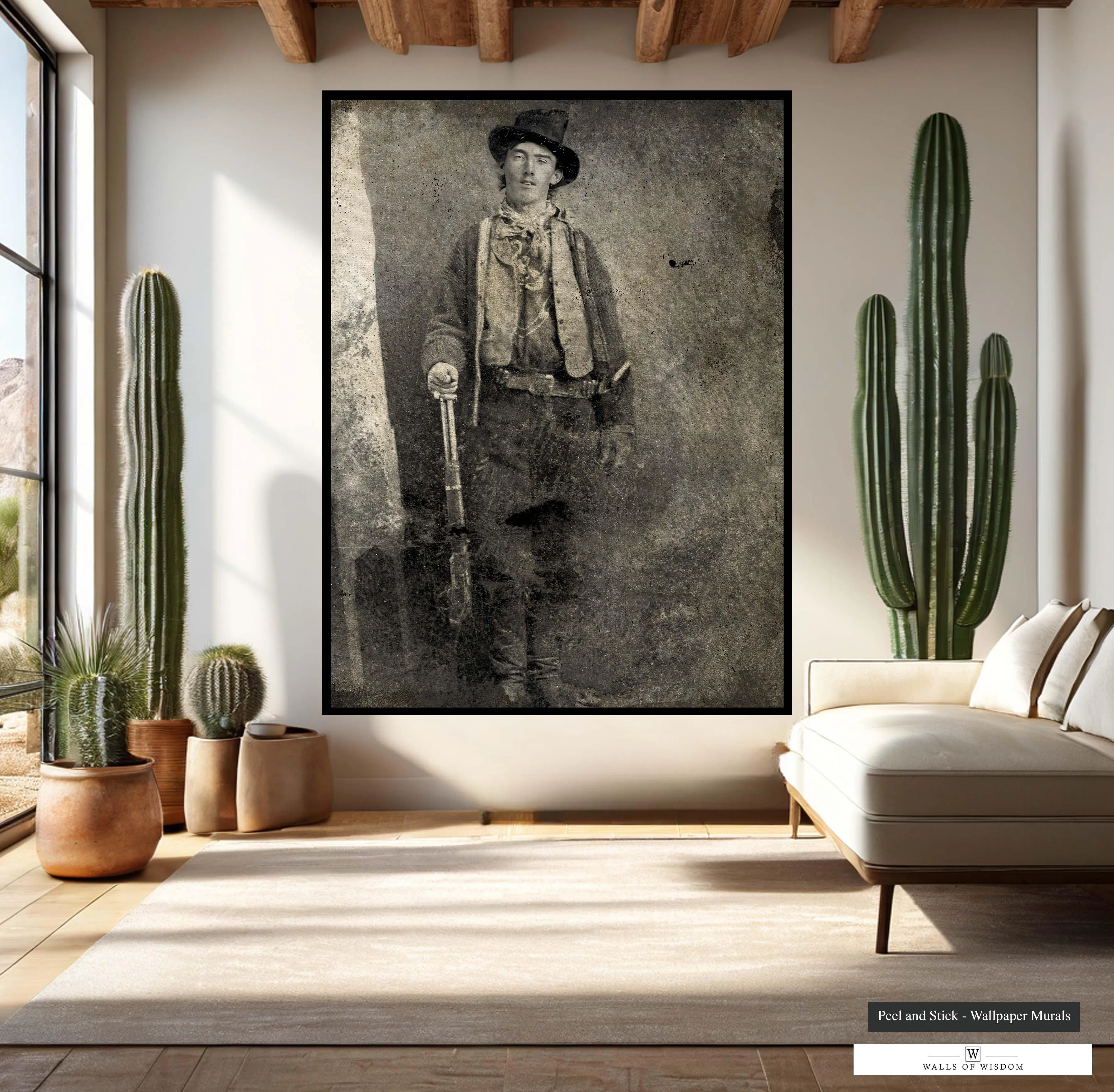 Billy the Kid Western Cowboy Print Mural - Lux Textured Woven Fabric Wallpaper, Peel & Stick