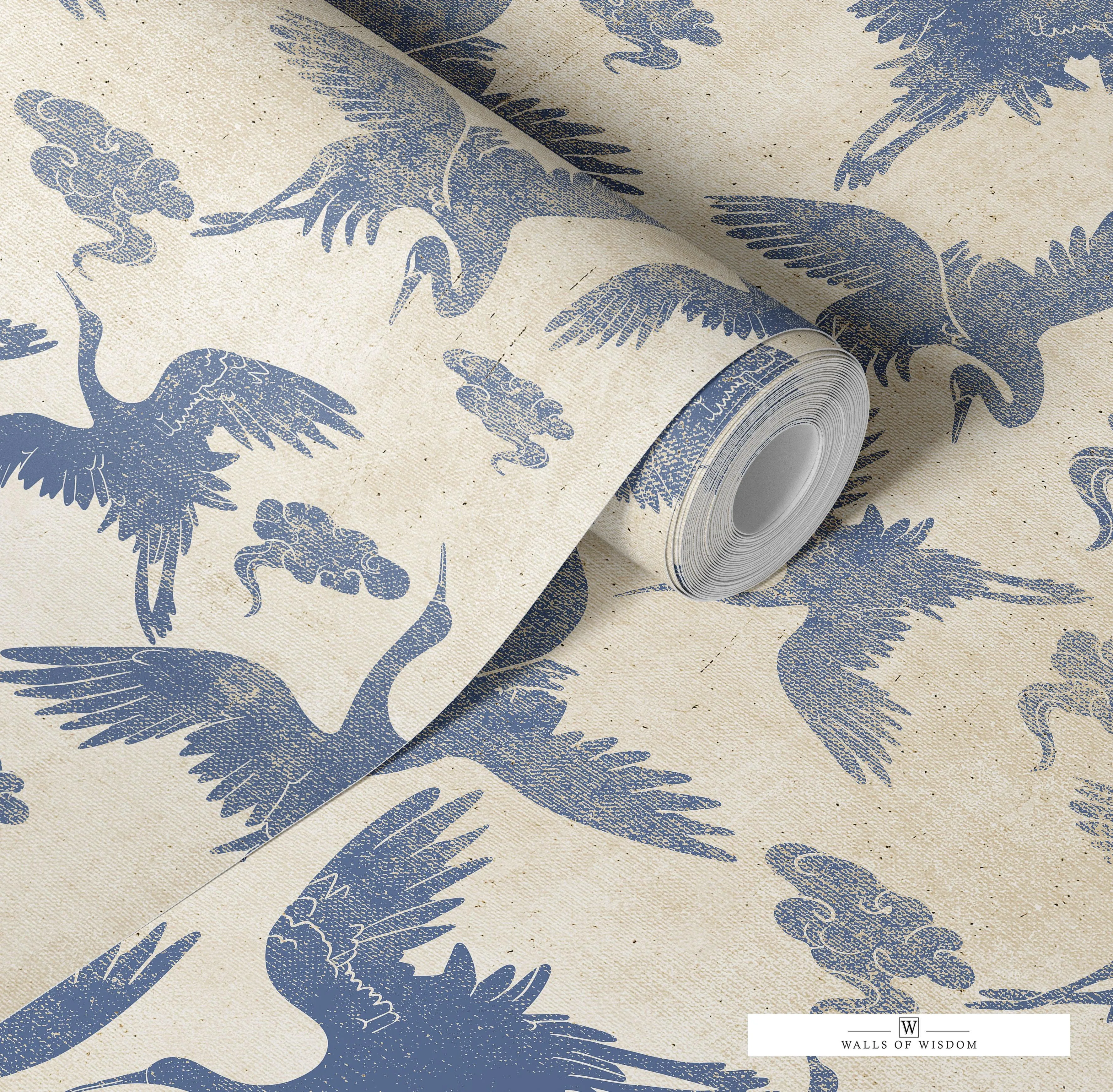 Blue Nova Cranes Peel & Stick Wallpaper: Japanese-Inspired, Neutral Tones