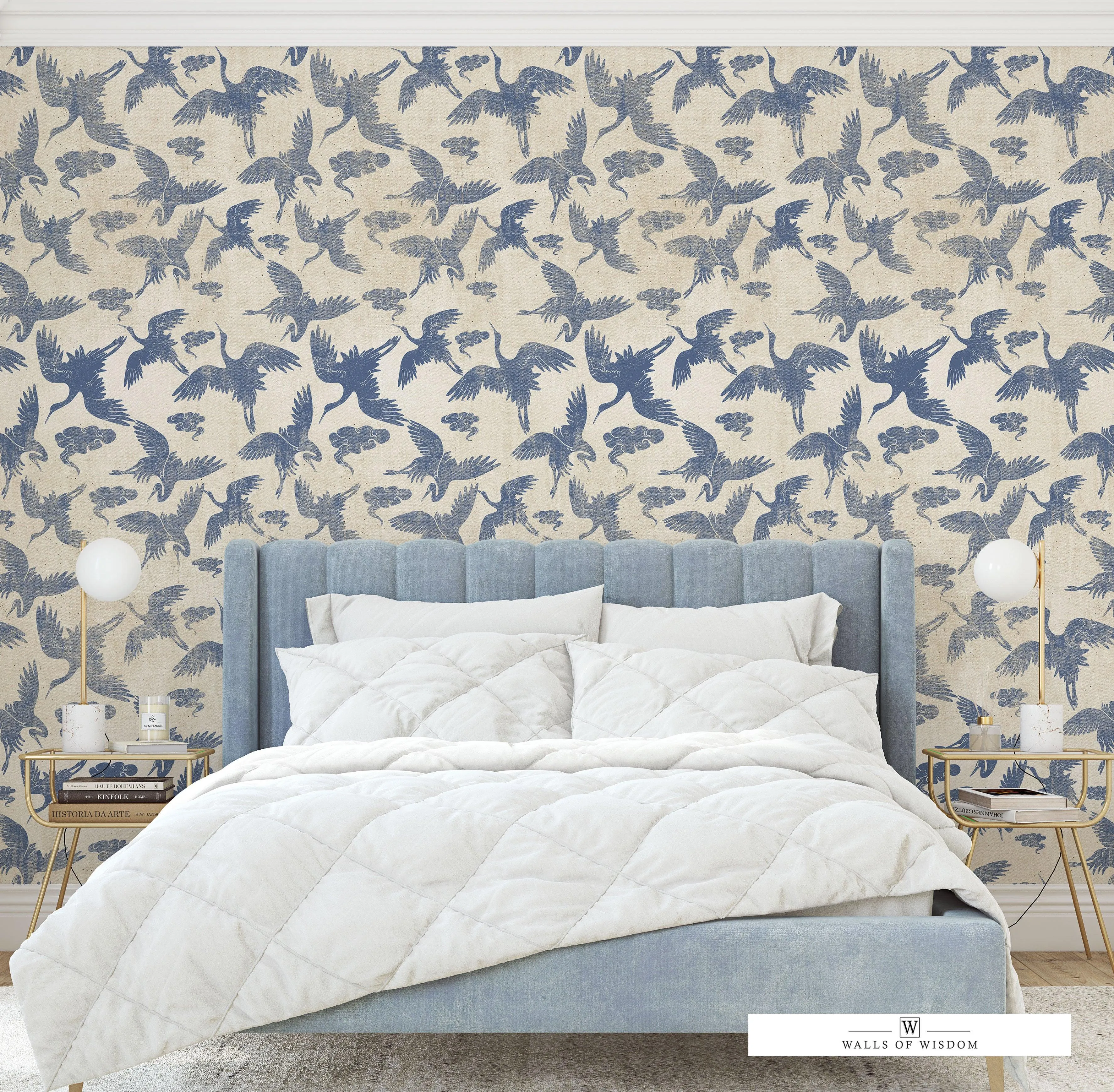 Blue Nova Cranes Peel & Stick Wallpaper: Japanese-Inspired, Neutral Tones