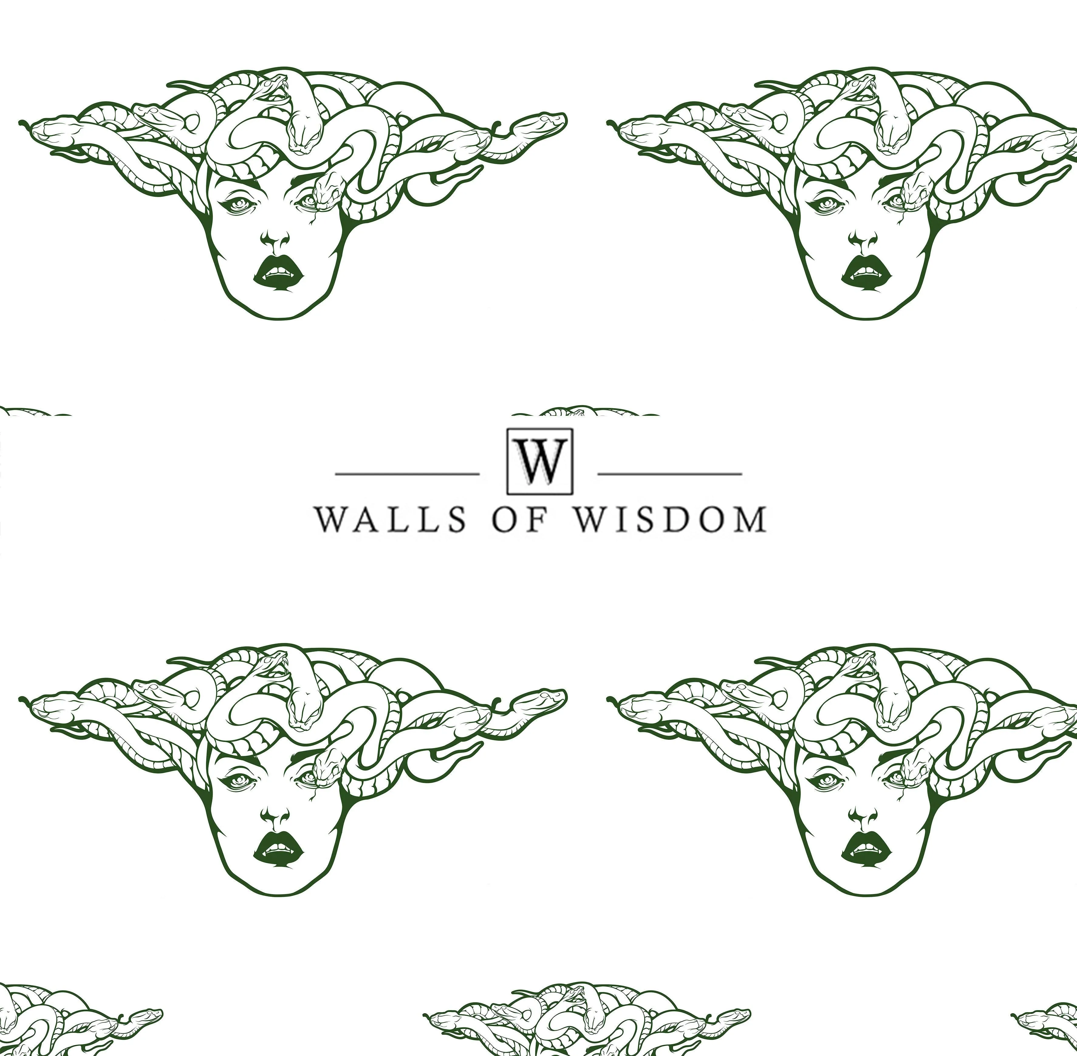 Boho Witchy Medusa Peel & Stick Wallpaper: Luxe Designer Snakes in Blue, Green, & Black on White - Edgy & Chic