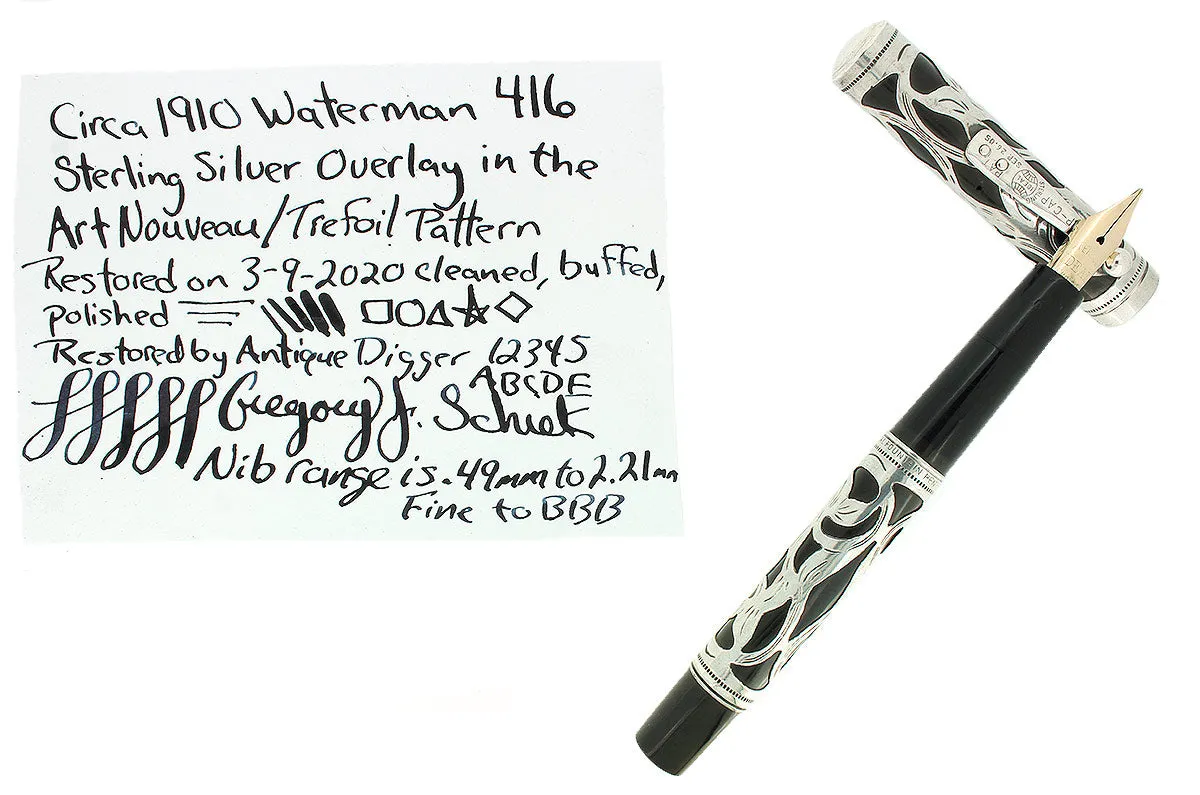 C1910 WATERMAN 416 STERLING ART NOUVEAU OVERLAY PATTERN FOUNTAIN PEN RESTORED