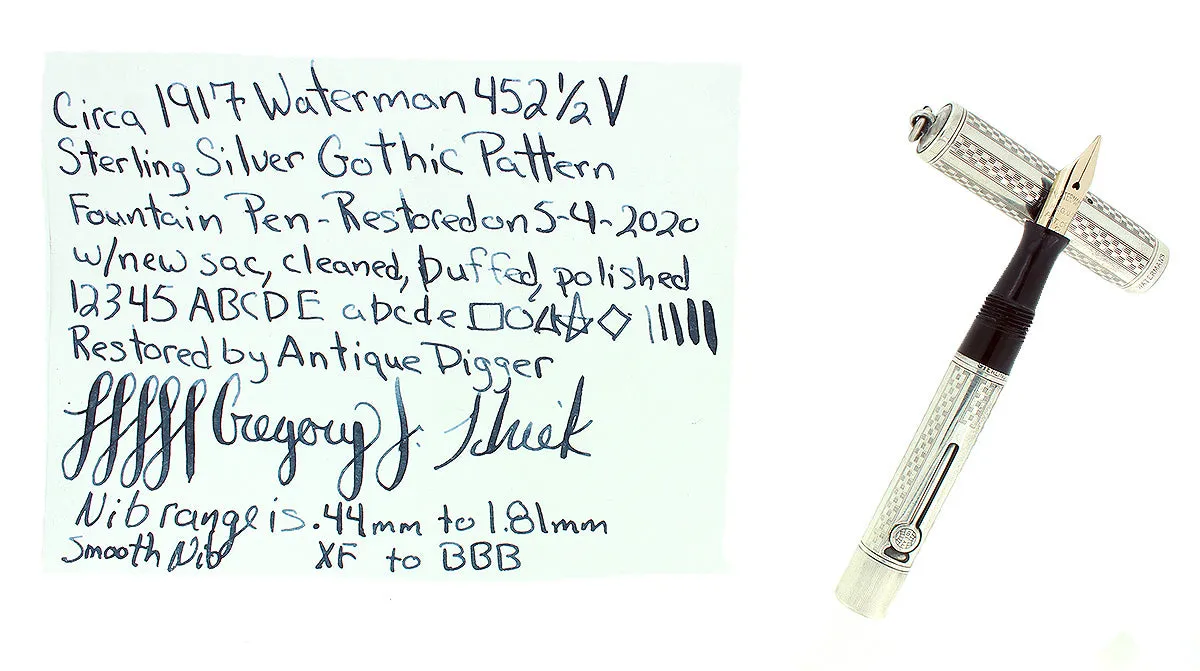 C1917 WATERMAN STERLING GOTHIC OVERLAY 452 1/2V XF-BBB NIB FOUNTAIN PEN RESTORED