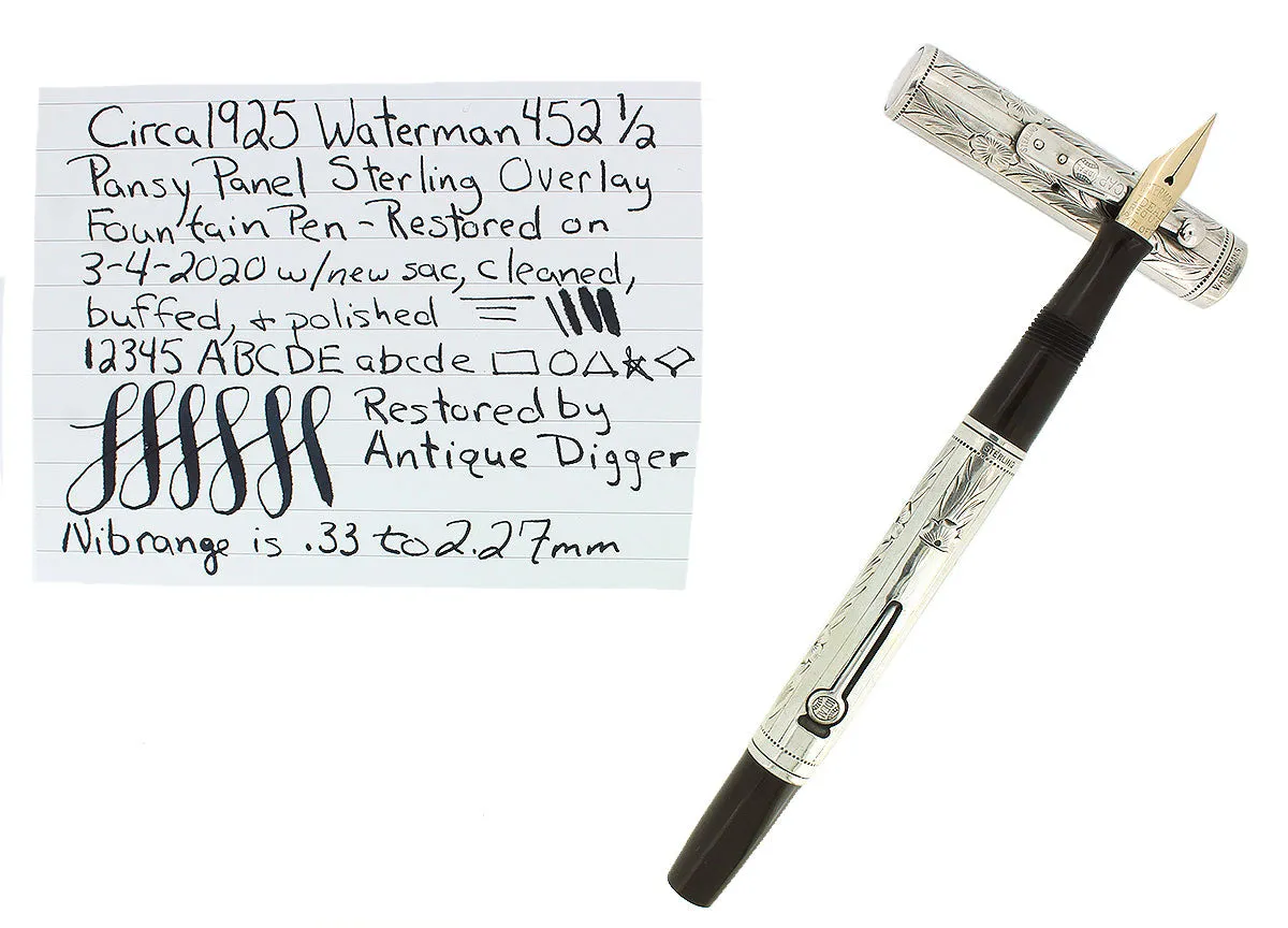 C1925 WATERMAN 452 1/2 STERLING PANSY PANEL XXF-BBB NIB FOUNTAIN PEN RESTORED