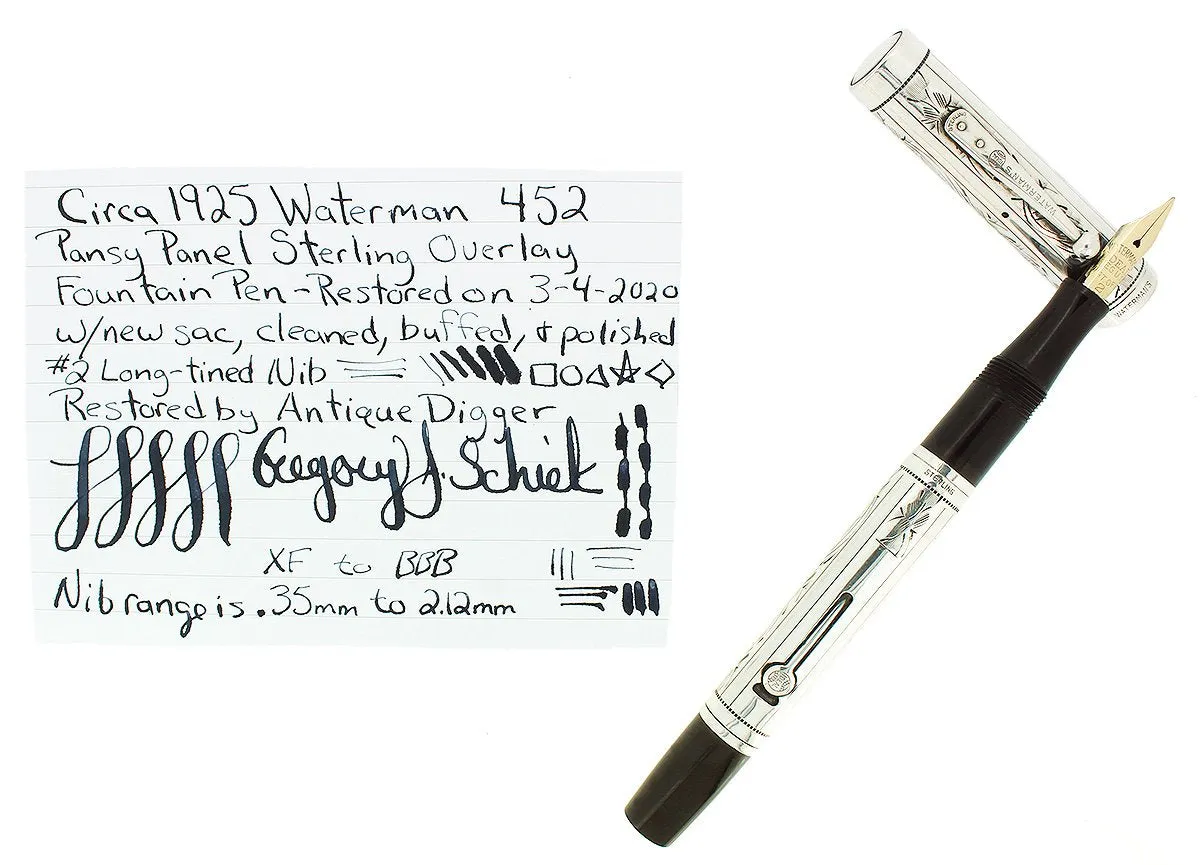 C1925 WATERMAN 452 STERLING PANSY PANEL XF-BBB NIB FOUNTAIN PEN RESTORED