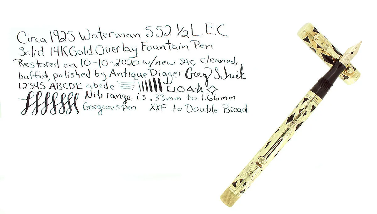 C1925 WATERMAN 552 1/2 L.E.C. BASKETWEAVE 14K GOLD OVERLAY FOUNTAIN PEN RESTORED