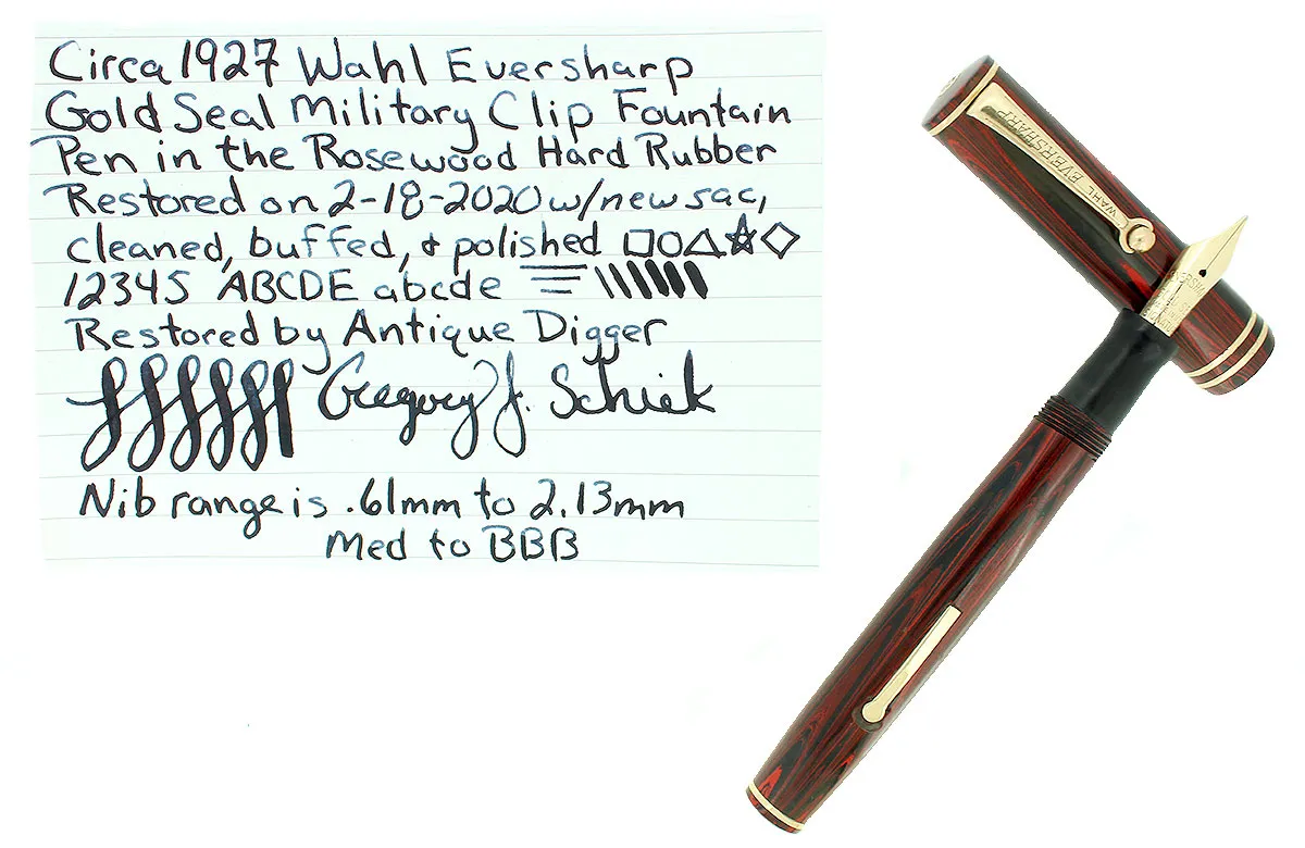 C1927 WAHL EVERSHARP ROSEWOOD GOLD SEAL MILITARY CLIP FOUNTAIN PEN RESTORED