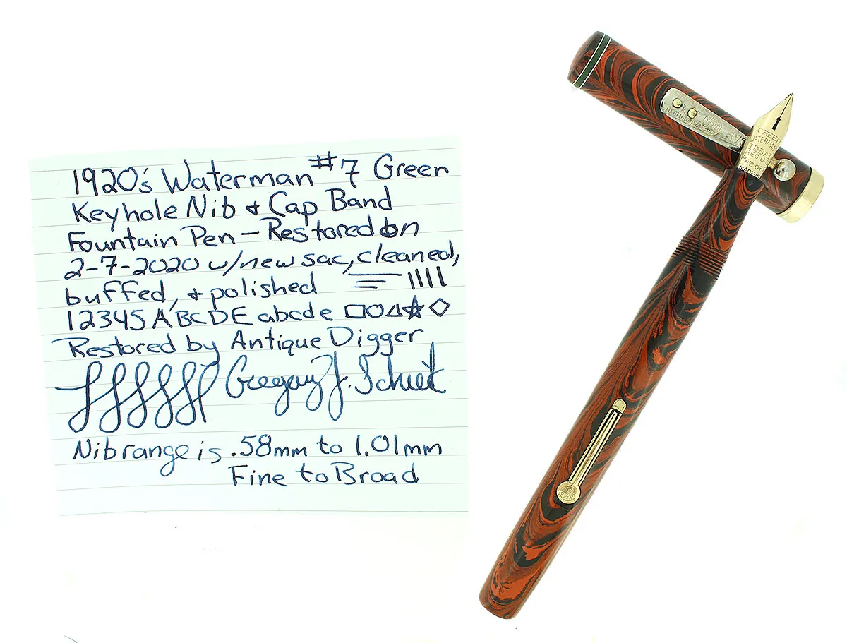 C1927 WATERMAN #7 RED RIPPLE GREEN KEYHOLE NIB FOUNTAIN PEN RESTORED