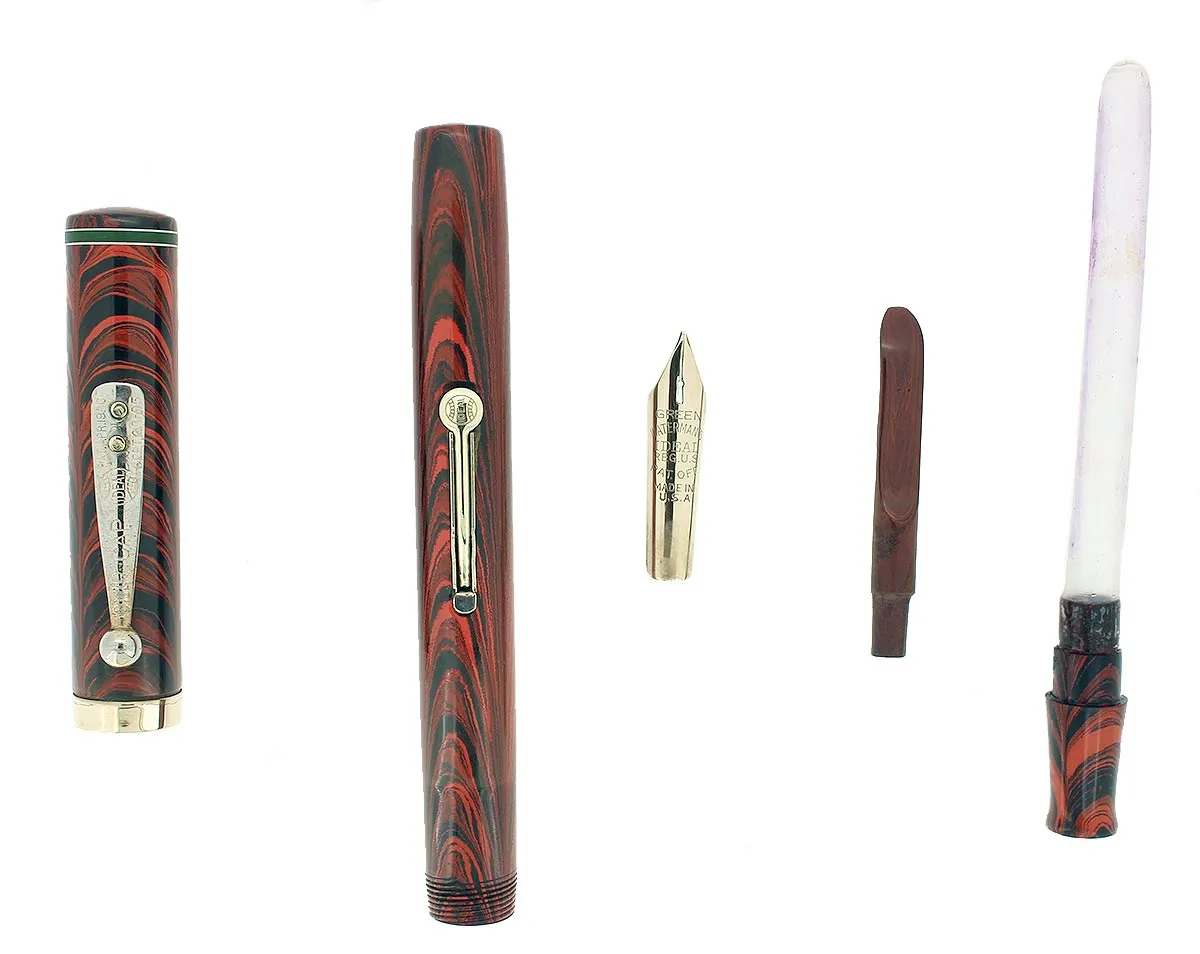 C1927 WATERMAN #7 RED RIPPLE GREEN KEYHOLE NIB FOUNTAIN PEN RESTORED