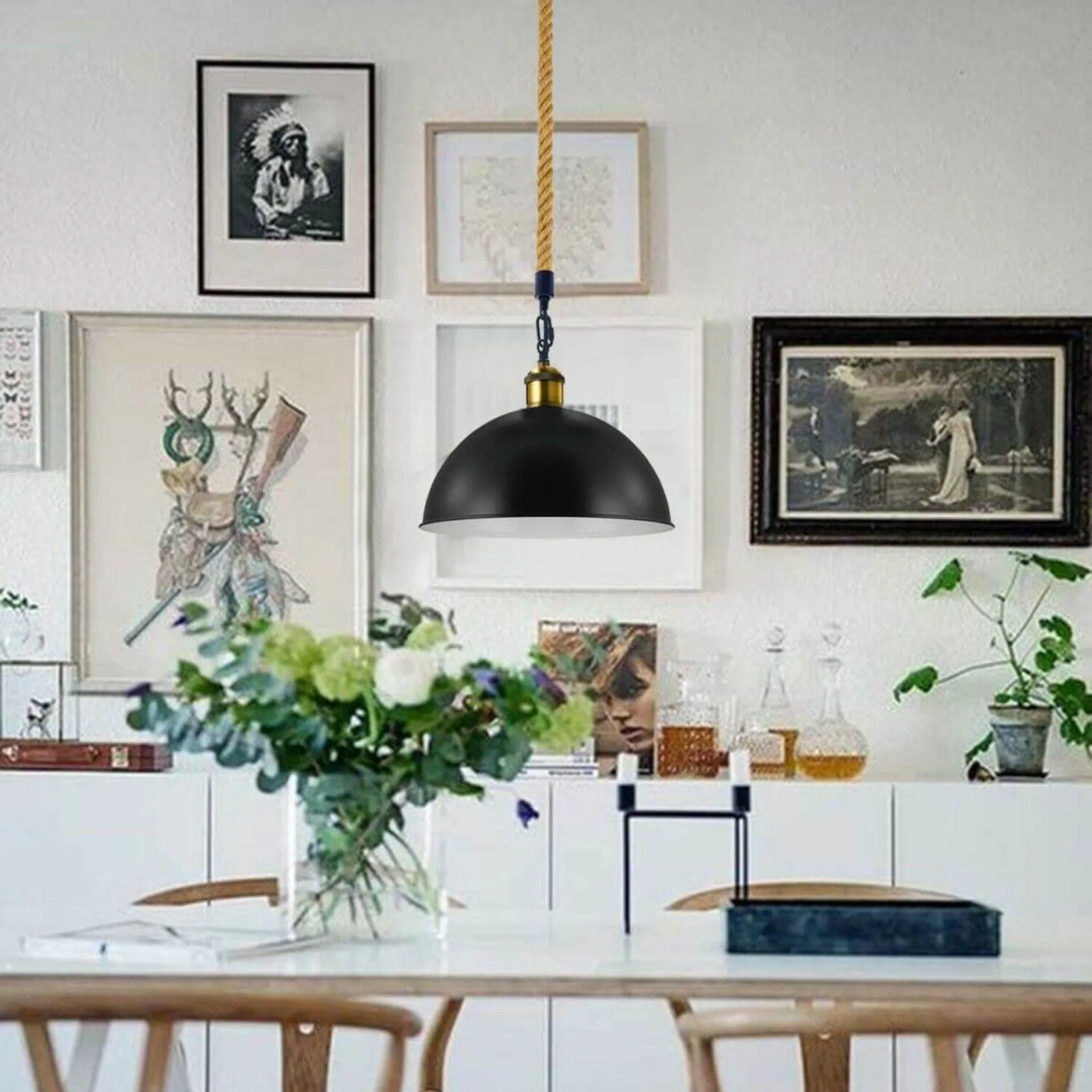 Ceiling Lights Black Metal Ceiling Pendant Light Hemp Rope