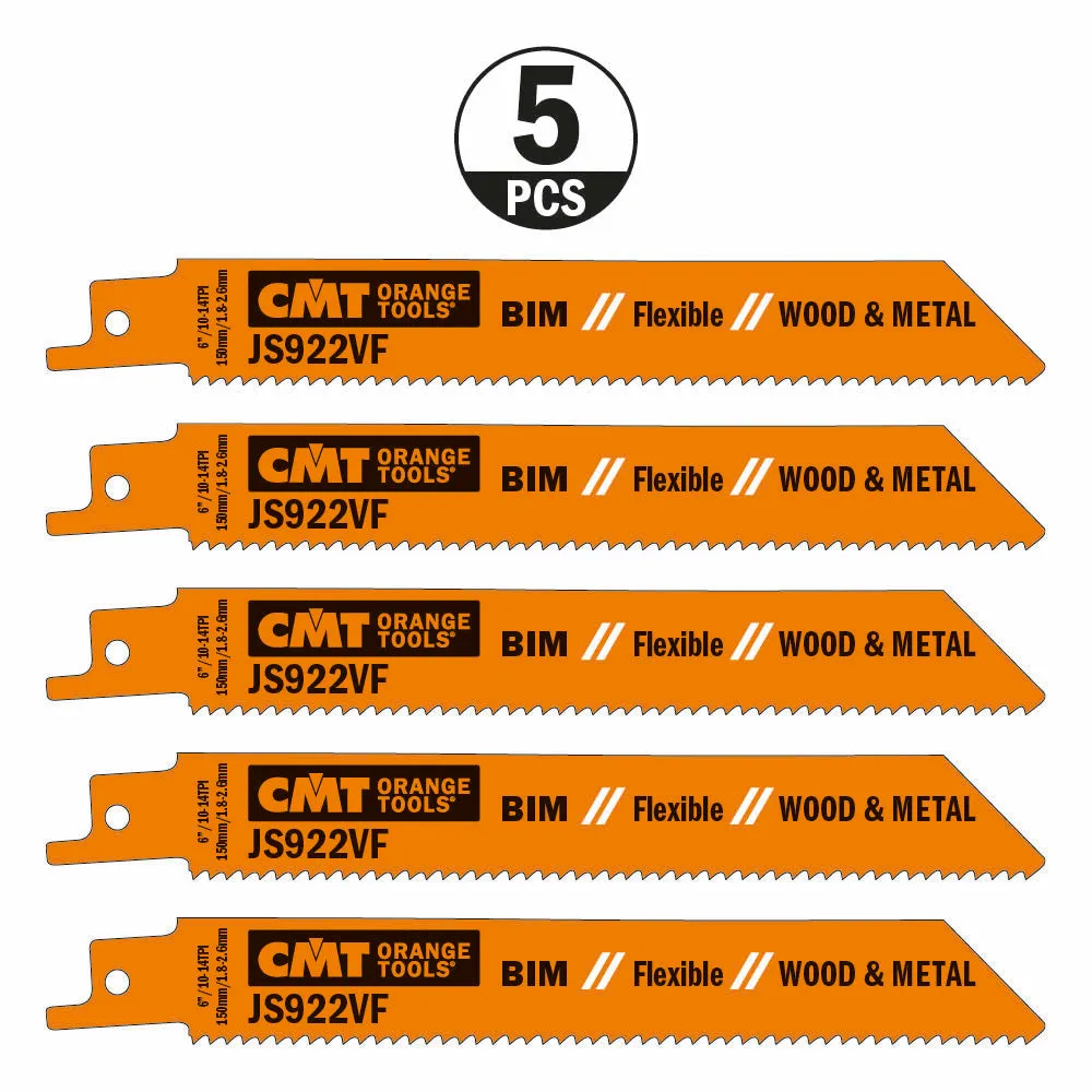 CMT Orange Tools JS922VF-5 RECIPROCATING SAW BLADES for WOOD&METAL (BIM) 6”x 10-14TPI  (5-PCS.)
