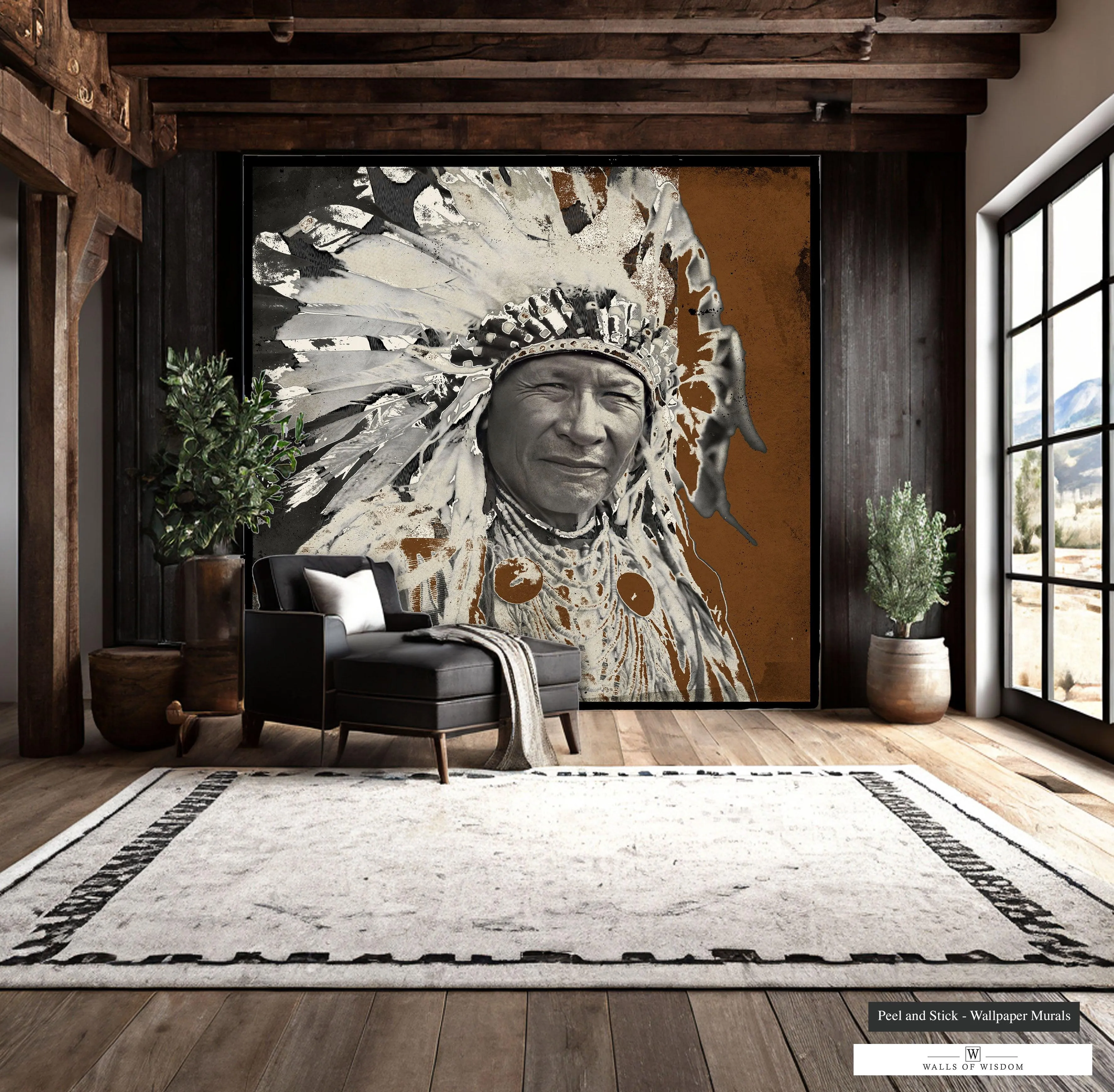 Duck Chief in Headdress Mural - Contemporary Native American Art, Rustic Western Decor Print Wallpaper