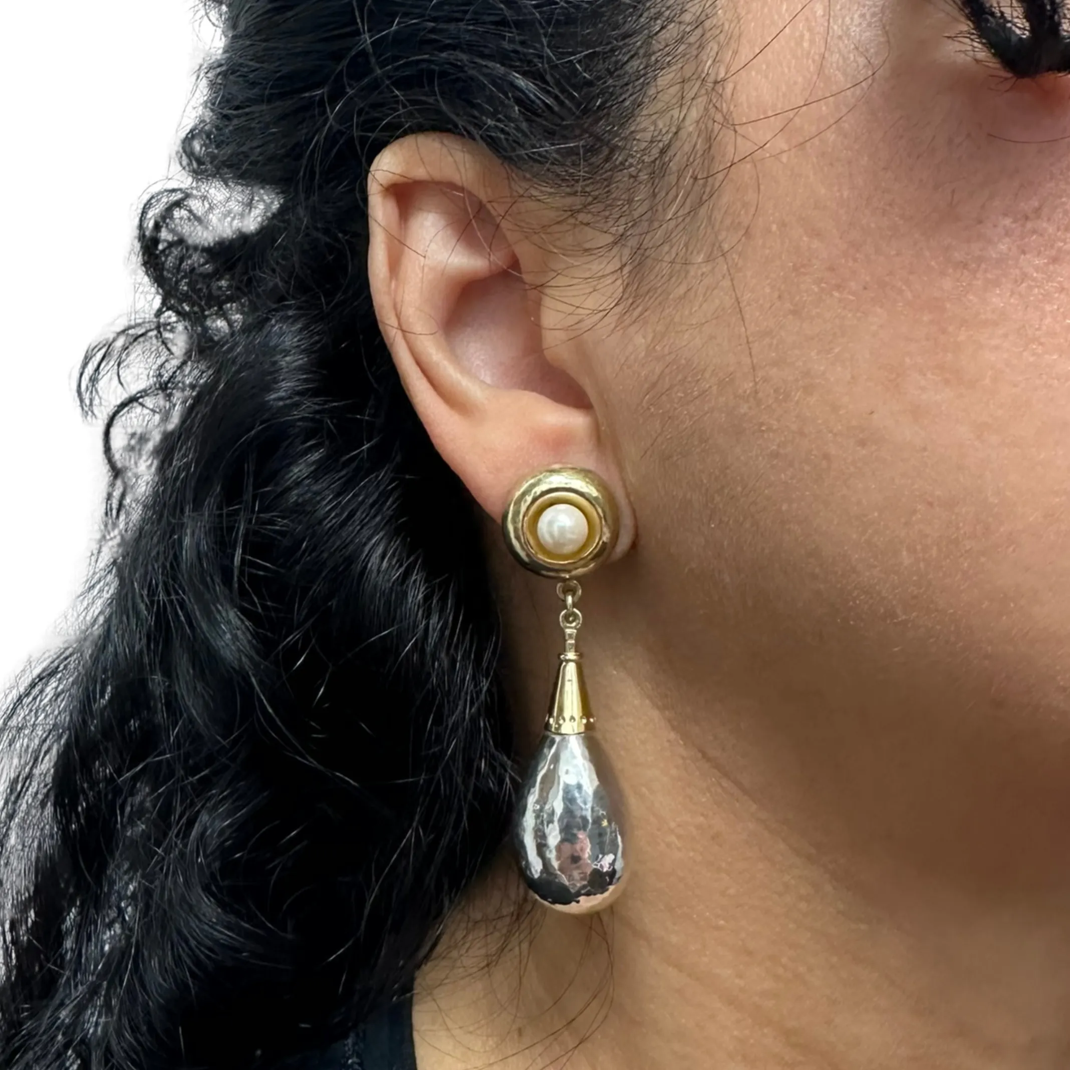 Estate Signed Walter Schluep Sterling Silver, Gold and Pearl Drop Earrings