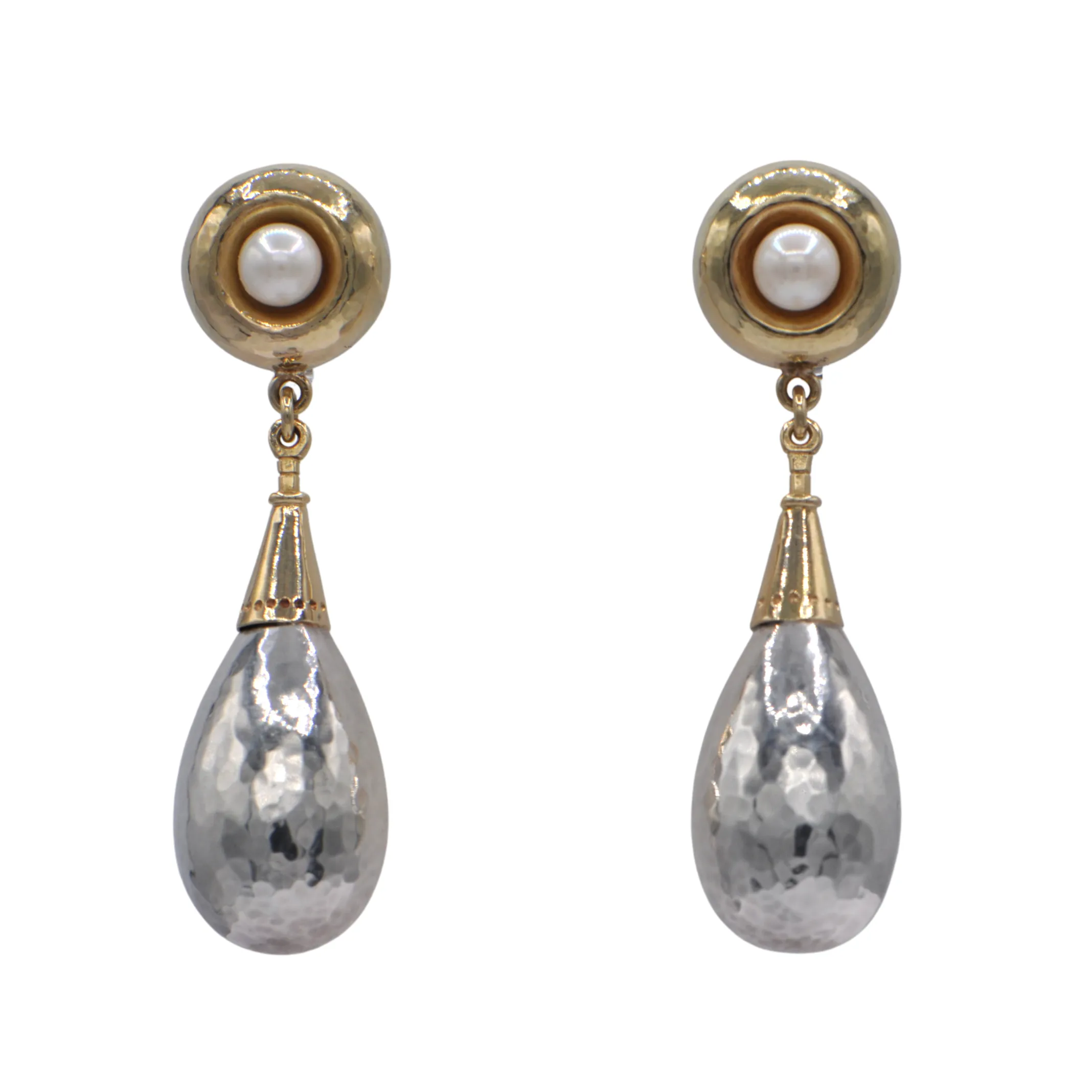 Estate Signed Walter Schluep Sterling Silver, Gold and Pearl Drop Earrings