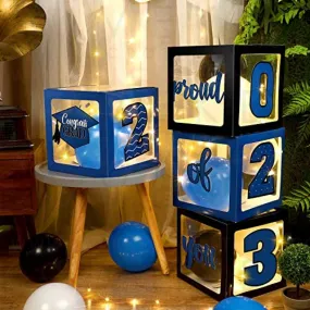 Graduation Box Decorations with Balloon and LED Light Strings Congrats 2023 Grad Party Supplies Proud of You Balloon Boxes for Class of 2023 School College Party Decor, 44 Pieces (Blue)