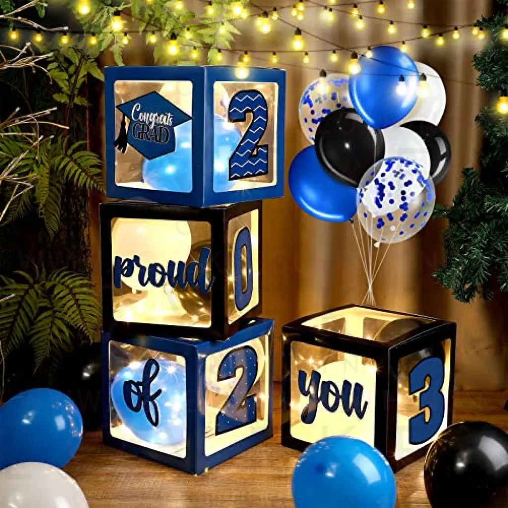 Graduation Box Decorations with Balloon and LED Light Strings Congrats 2023 Grad Party Supplies Proud of You Balloon Boxes for Class of 2023 School College Party Decor, 44 Pieces (Blue)