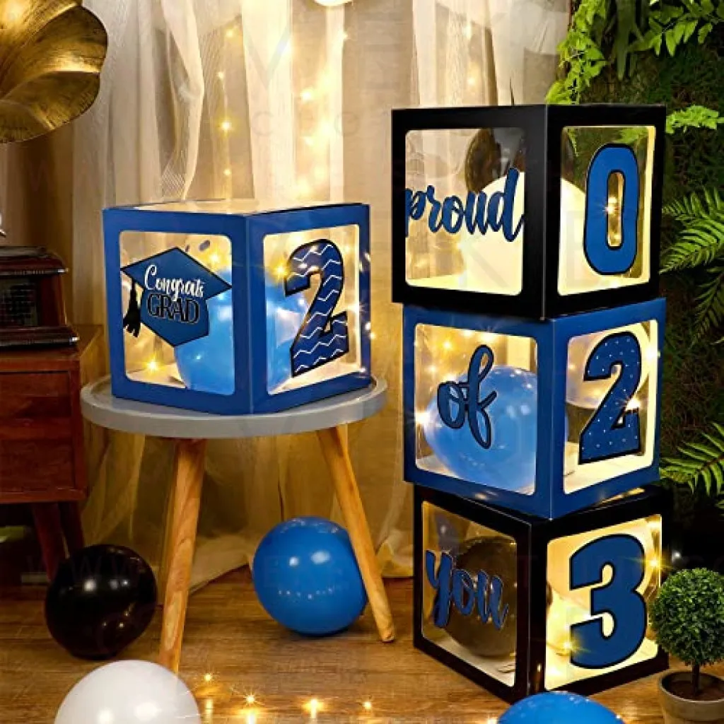 Graduation Box Decorations with Balloon and LED Light Strings Congrats 2023 Grad Party Supplies Proud of You Balloon Boxes for Class of 2023 School College Party Decor, 44 Pieces (Blue)