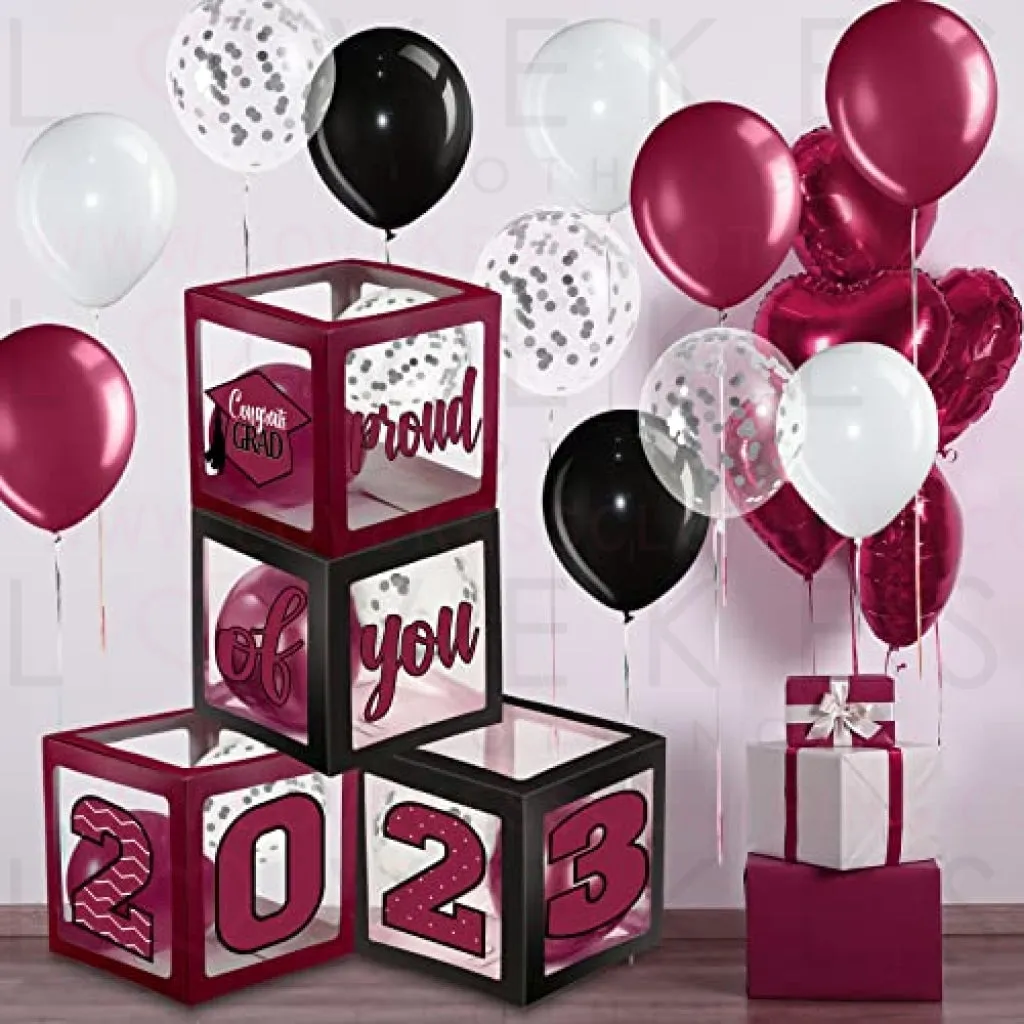 Graduation Box Decorations with Balloon and LED Light Strings Congrats 2023 Grad Party Supplies Proud of You Balloon Boxes for Class of 2023 School College Party Decor, 44 Pieces (Maroon)