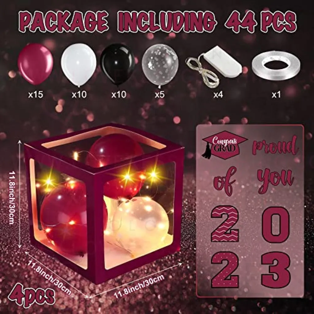 Graduation Box Decorations with Balloon and LED Light Strings Congrats 2023 Grad Party Supplies Proud of You Balloon Boxes for Class of 2023 School College Party Decor, 44 Pieces (Maroon)