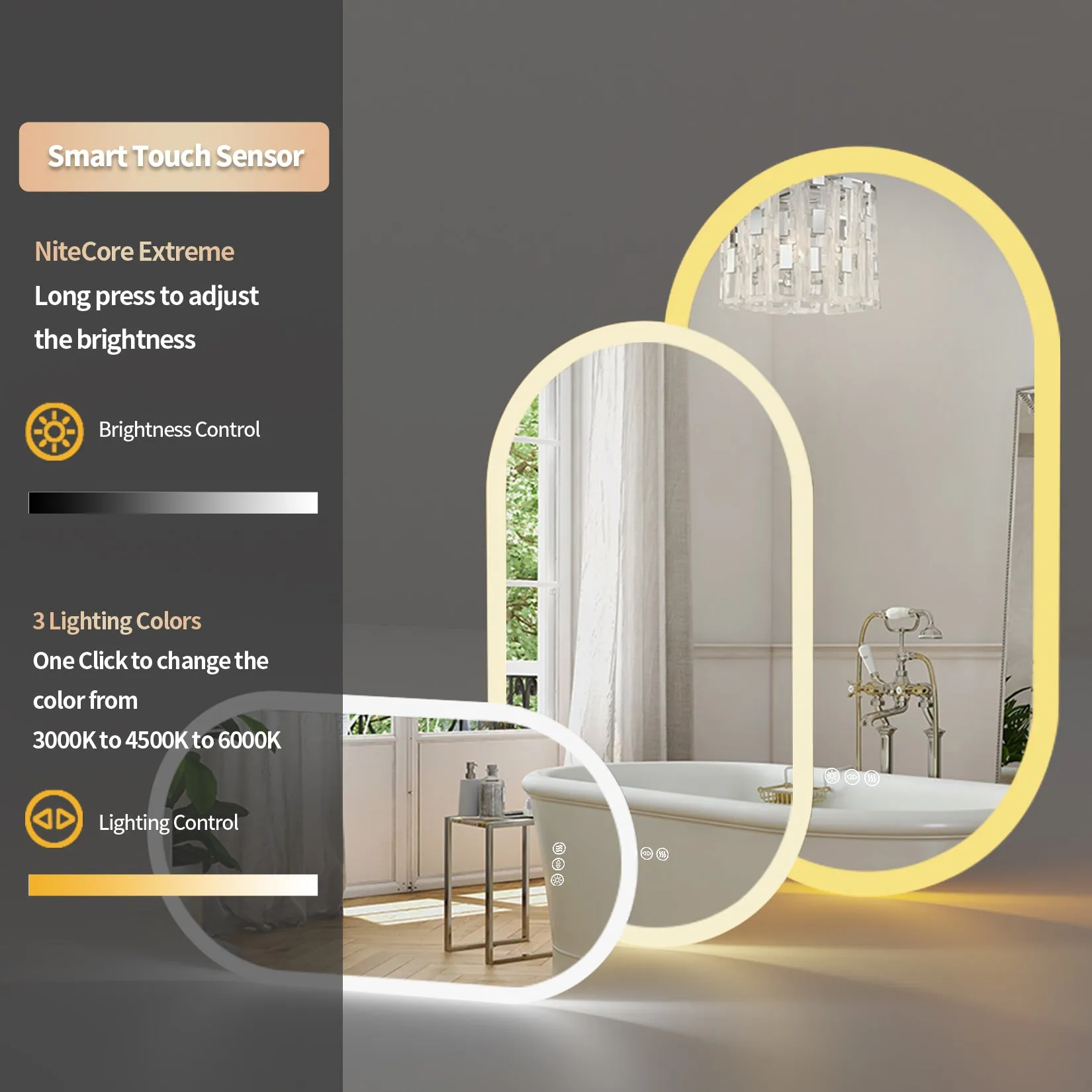 LUVODI Oval LED Bathroom Mirror Defogging 3 Colors Vertical or Horizontal