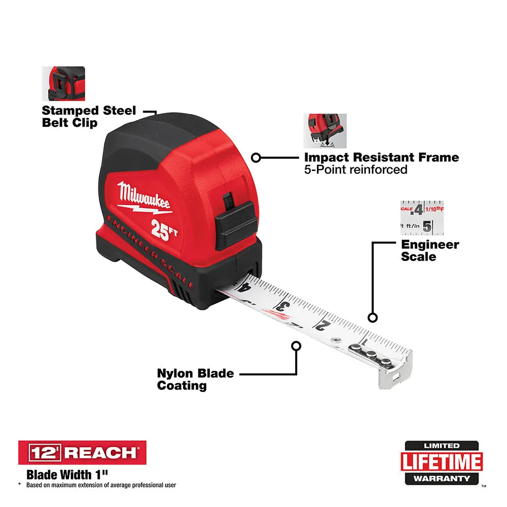 Milwaukee 48-22-6625E 25' Compact Tape Measure w/ Engineer Scale