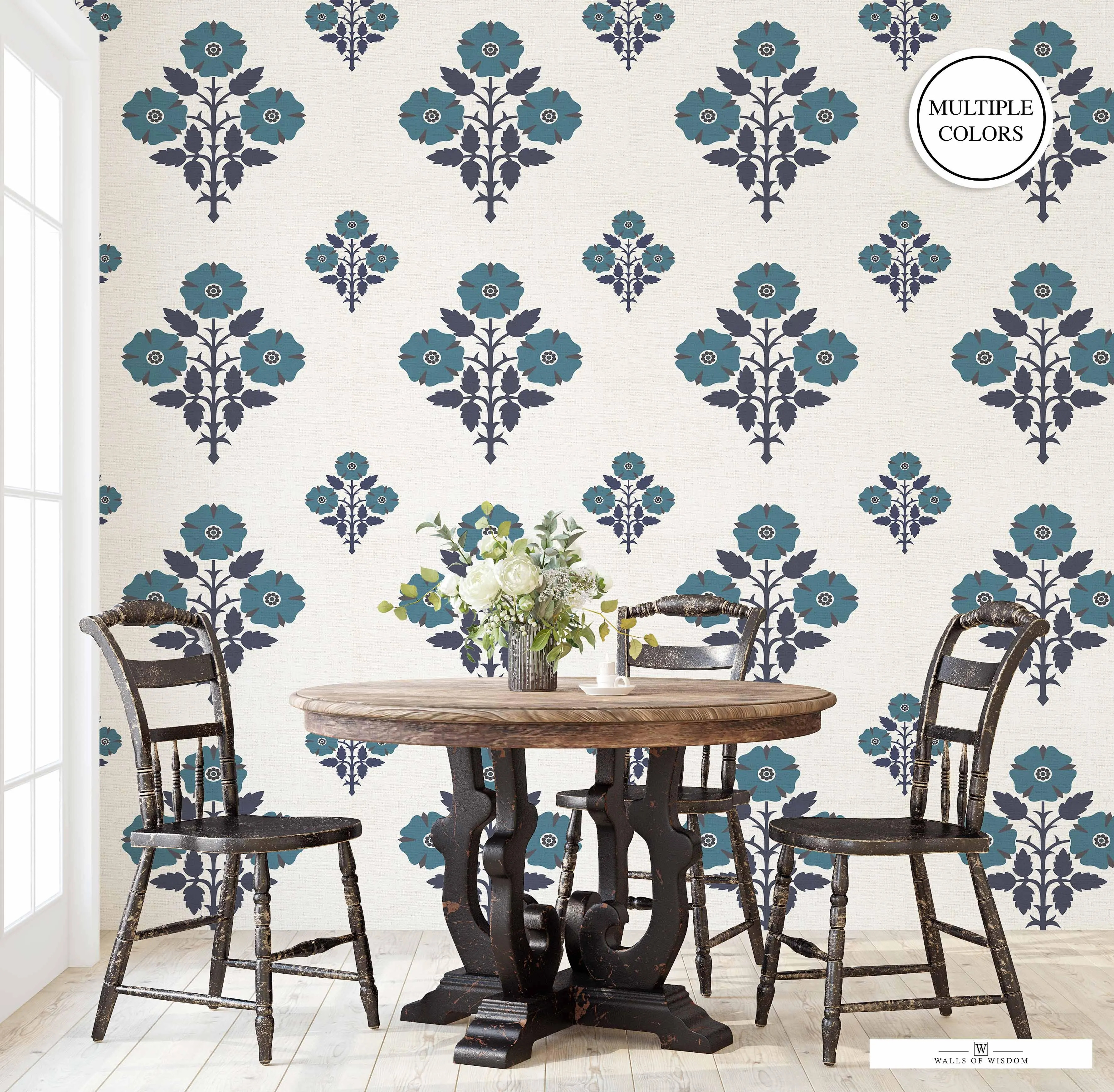 Modern Floral Peel & Stick Wallpaper Swatch - Earth Tones & Deep Red, Farmhouse Style