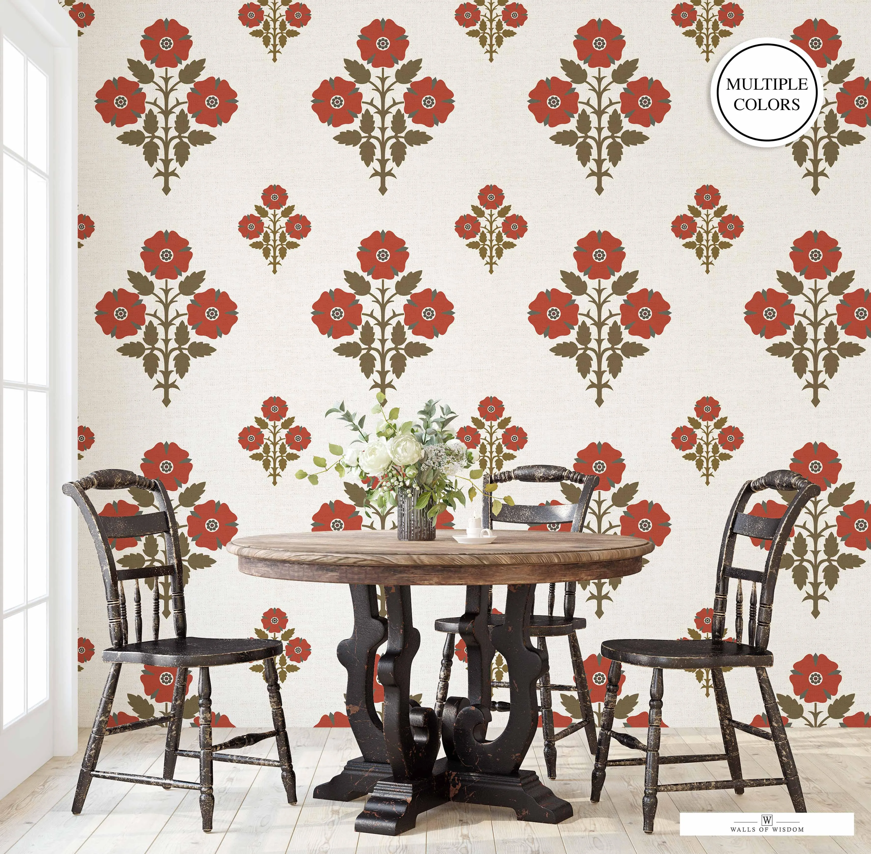 Modern Floral Peel & Stick Wallpaper Swatch - Earth Tones & Deep Red, Farmhouse Style