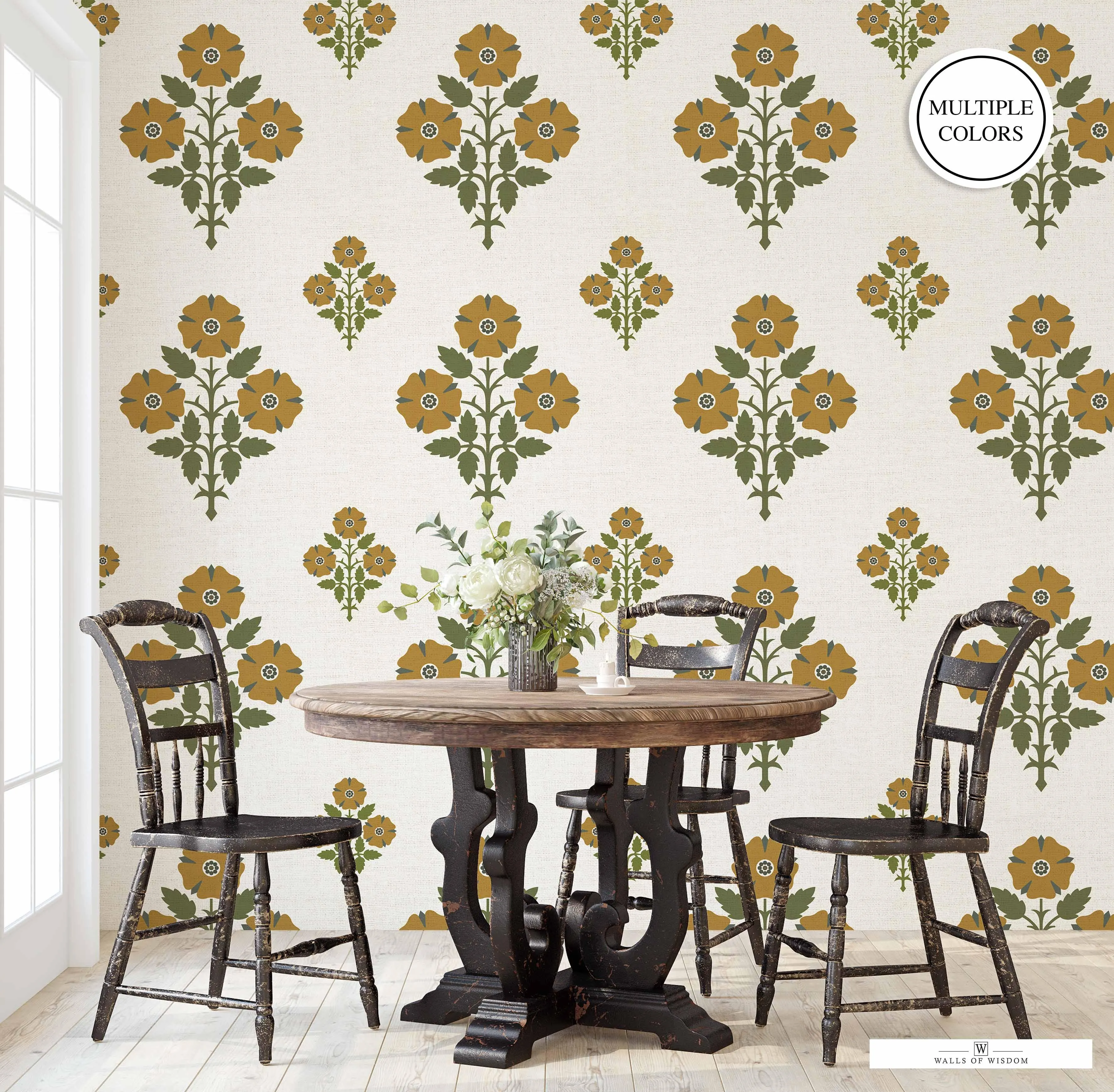 Modern Floral Peel & Stick Wallpaper Swatch - Earth Tones & Deep Red, Farmhouse Style