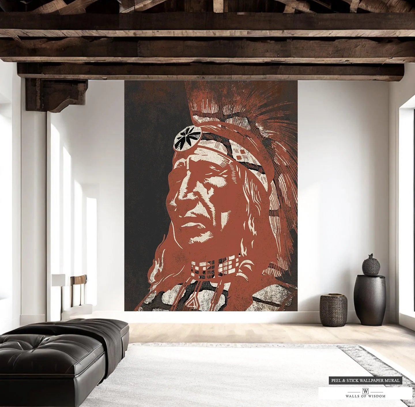 Modern Native American Chief Wallpaper - Big Print Art Indian Chief Mural for Contemporary Rustic Decor