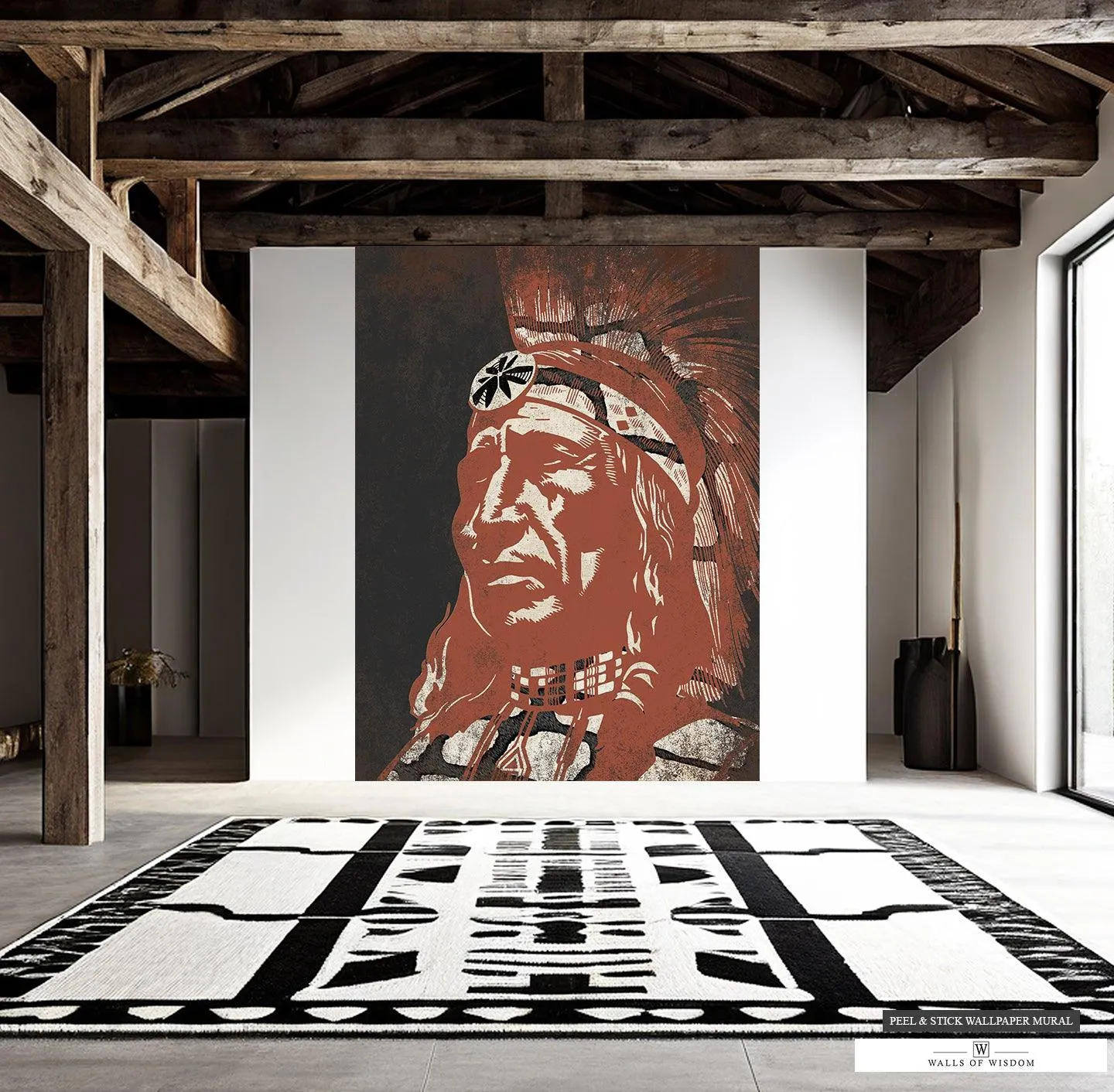 Modern Native American Chief Wallpaper - Big Print Art Indian Chief Mural for Contemporary Rustic Decor