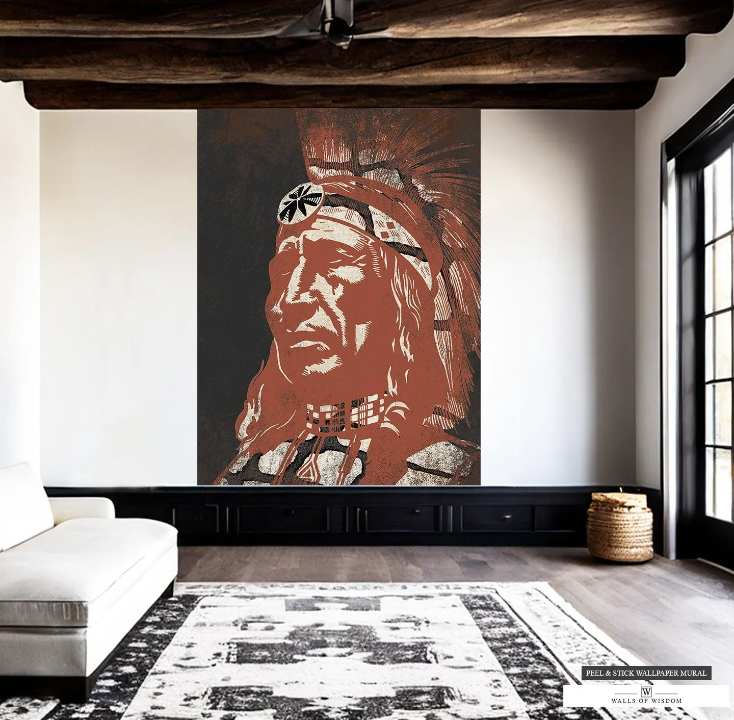 Modern Native American Chief Wallpaper - Big Print Art Indian Chief Mural for Contemporary Rustic Decor