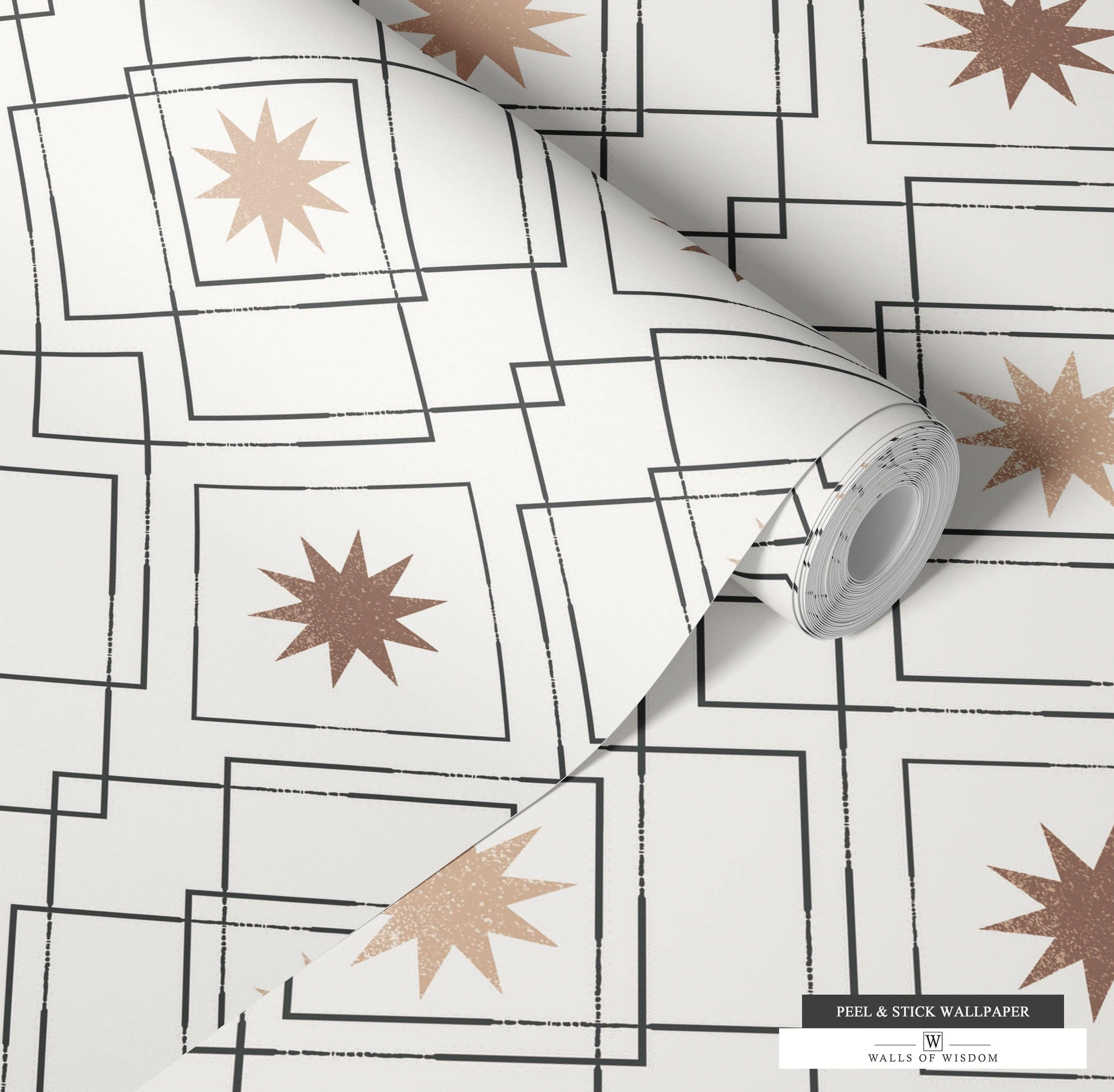 Modern Western Geometric Removable Wallpaper: Black, Cream & Brown Western Stars