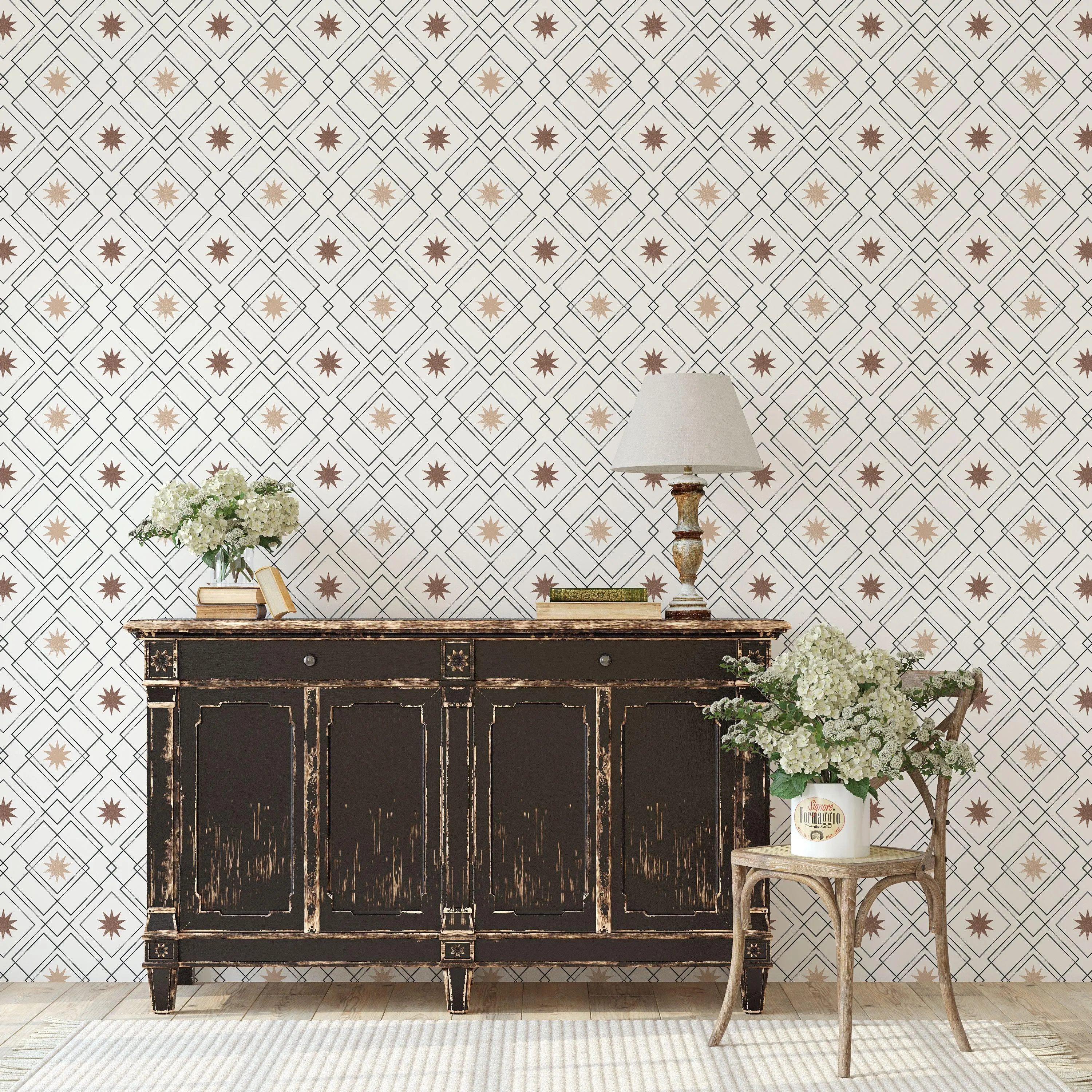 Modern Western Geometric Removable Wallpaper: Black, Cream & Brown Western Stars