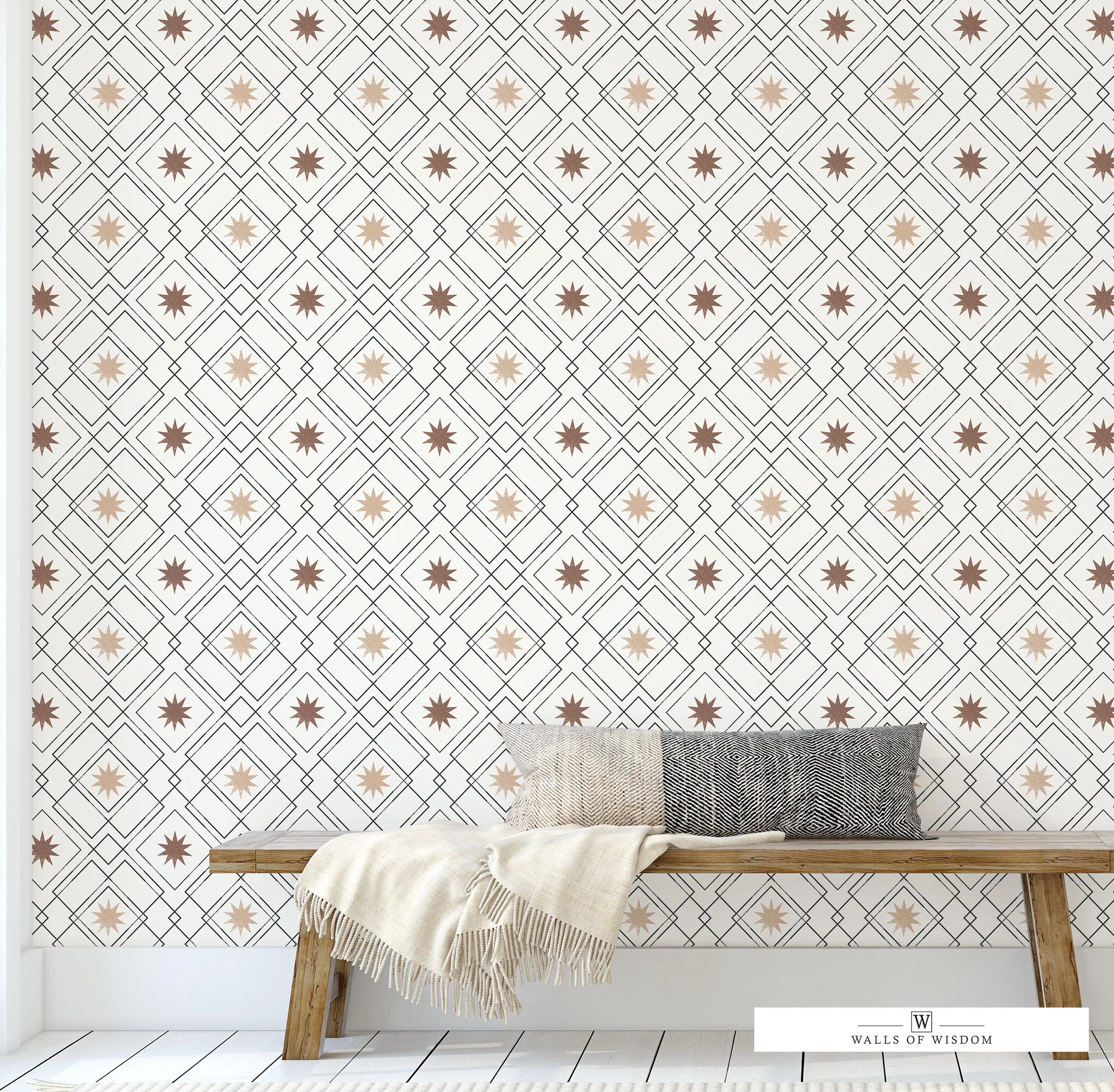 Modern Western Geometric Removable Wallpaper: Black, Cream & Brown Western Stars
