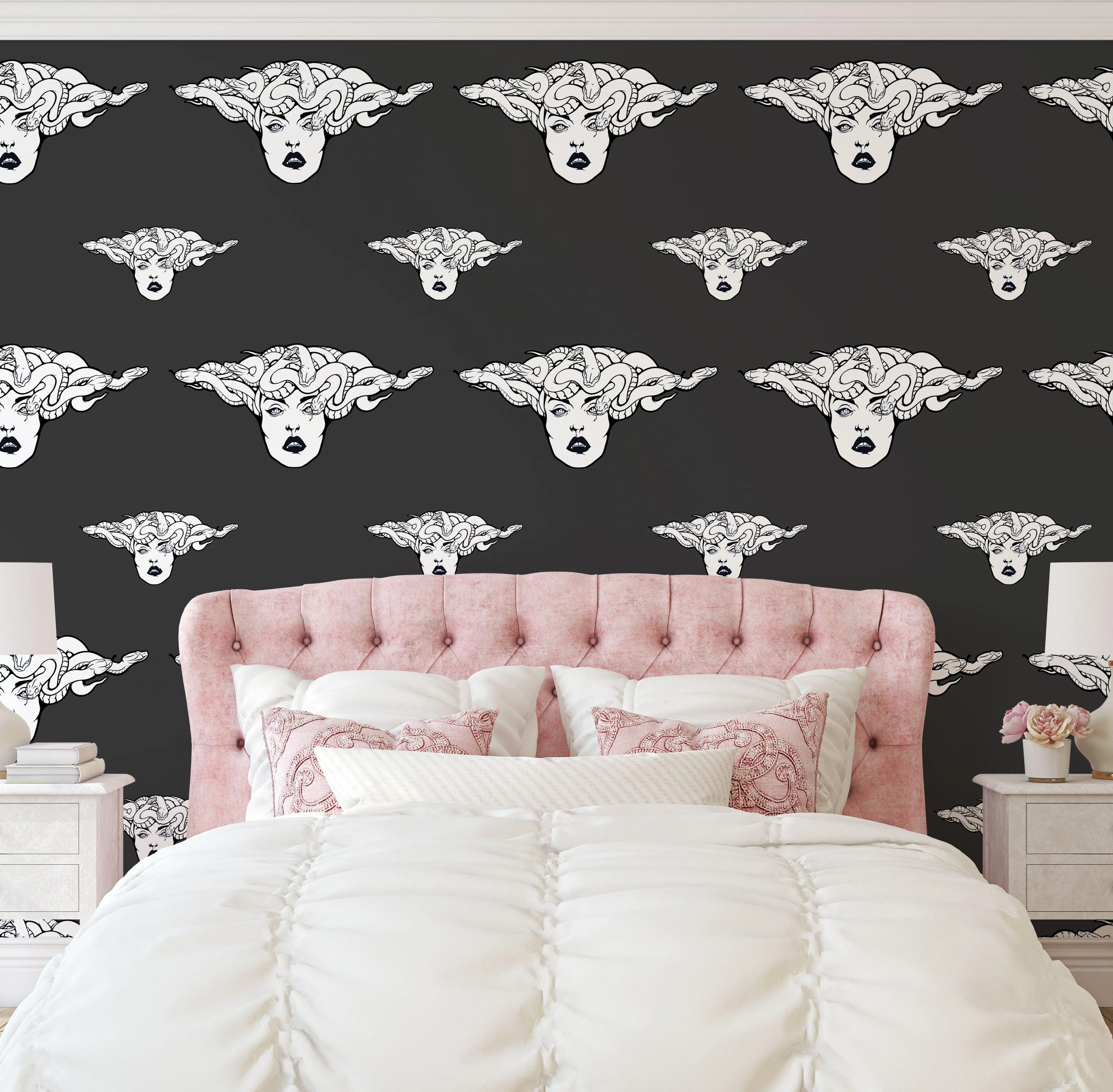 Moody Medusa Peel & Stick Removable Wallpaper: Dark Grey & White - Witchy Lux Decor