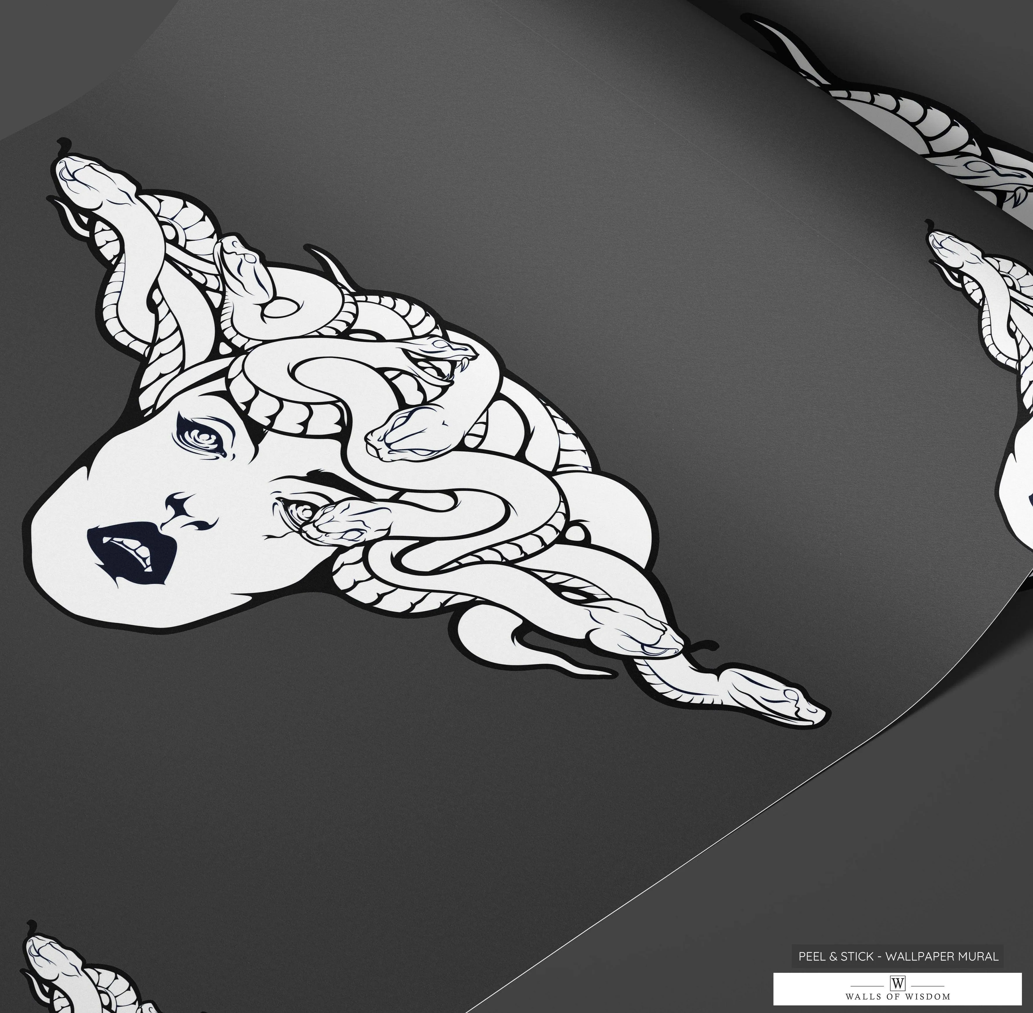 Moody Medusa Peel & Stick Removable Wallpaper: Dark Grey & White - Witchy Lux Decor