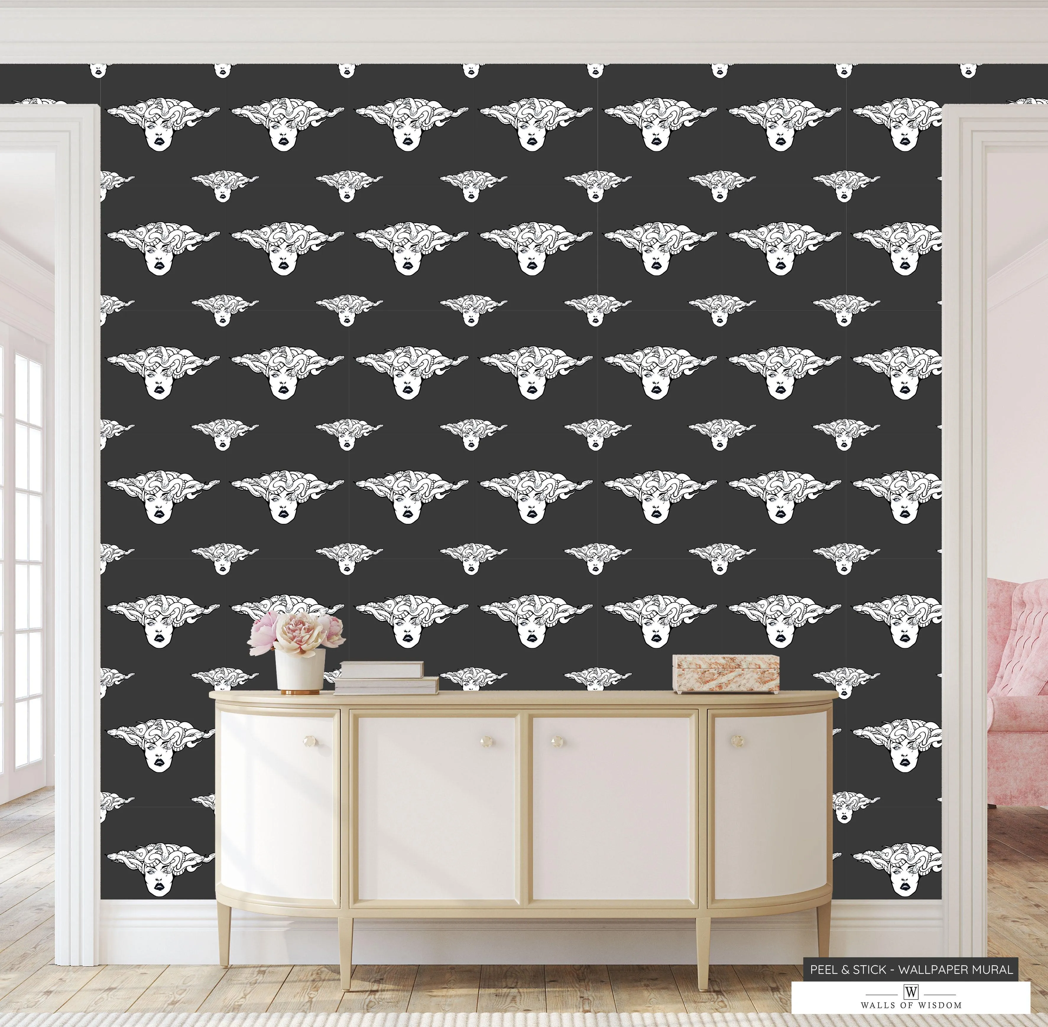 Moody Medusa Peel & Stick Removable Wallpaper: Dark Grey & White - Witchy Lux Decor