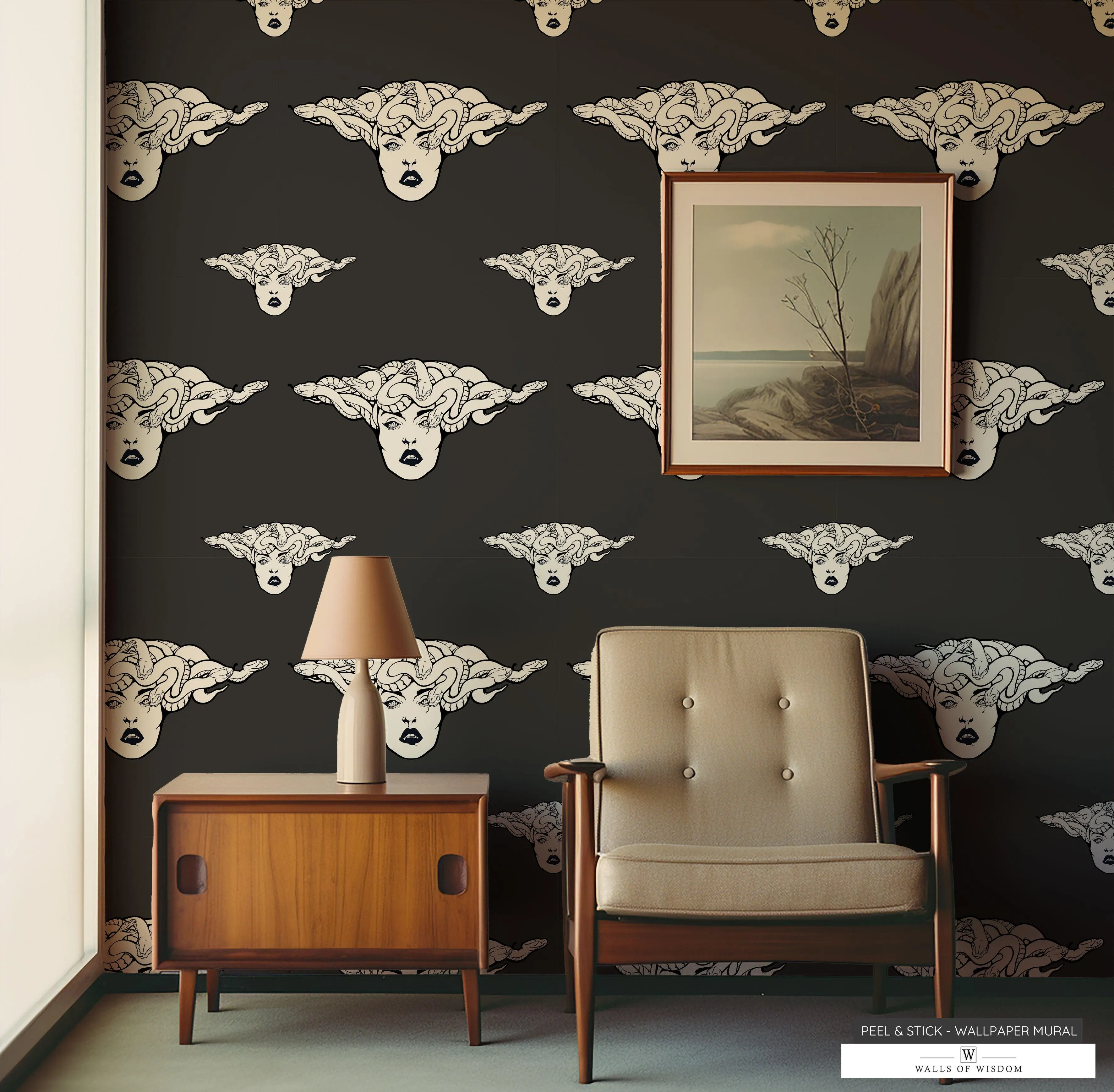 Moody Medusa Peel & Stick Removable Wallpaper: Dark Grey & White - Witchy Lux Decor