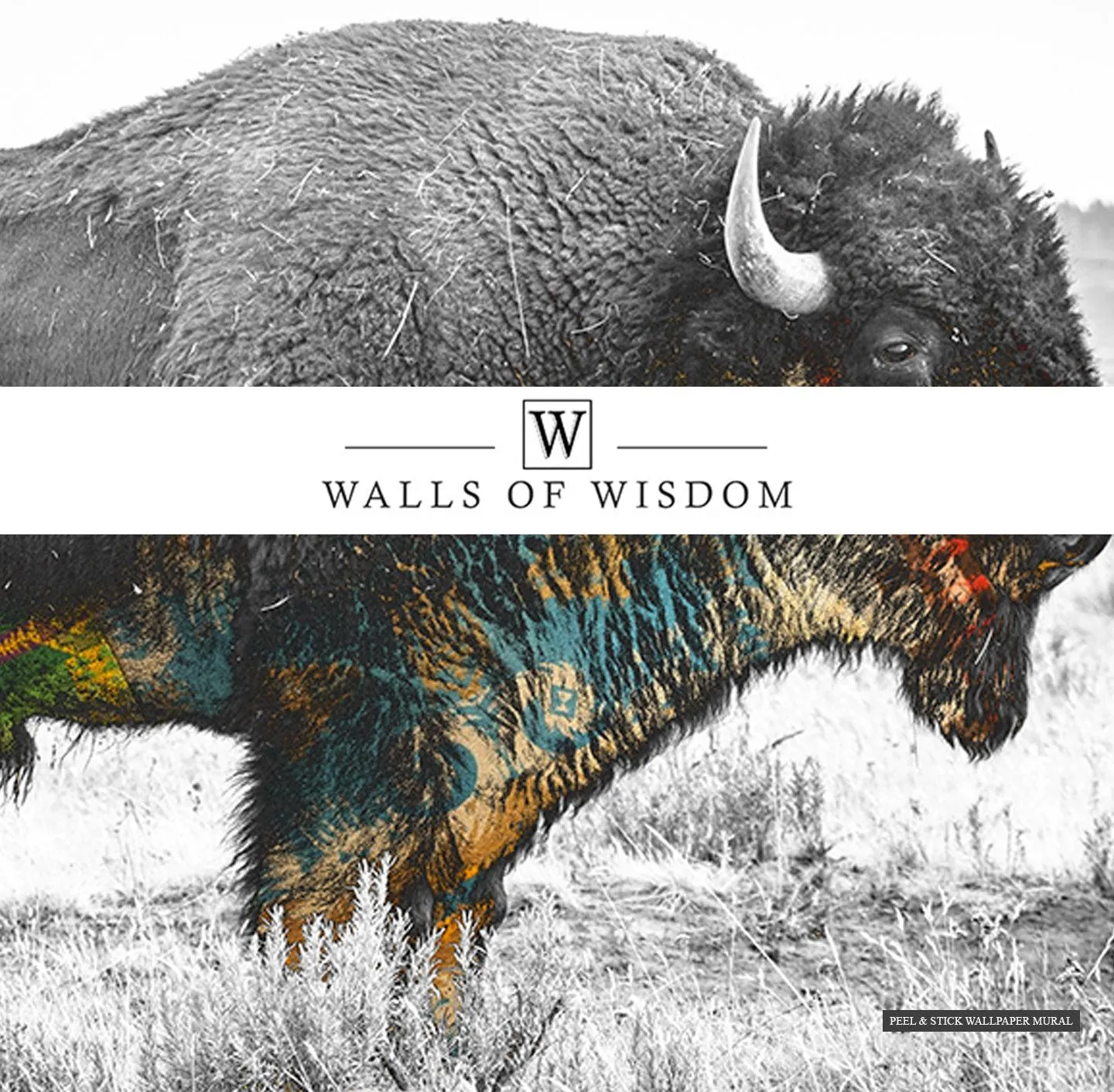 Native American Buffalo Mural - Western-Inspired Wall Art with Earth Tone Accents, Peel & Stick