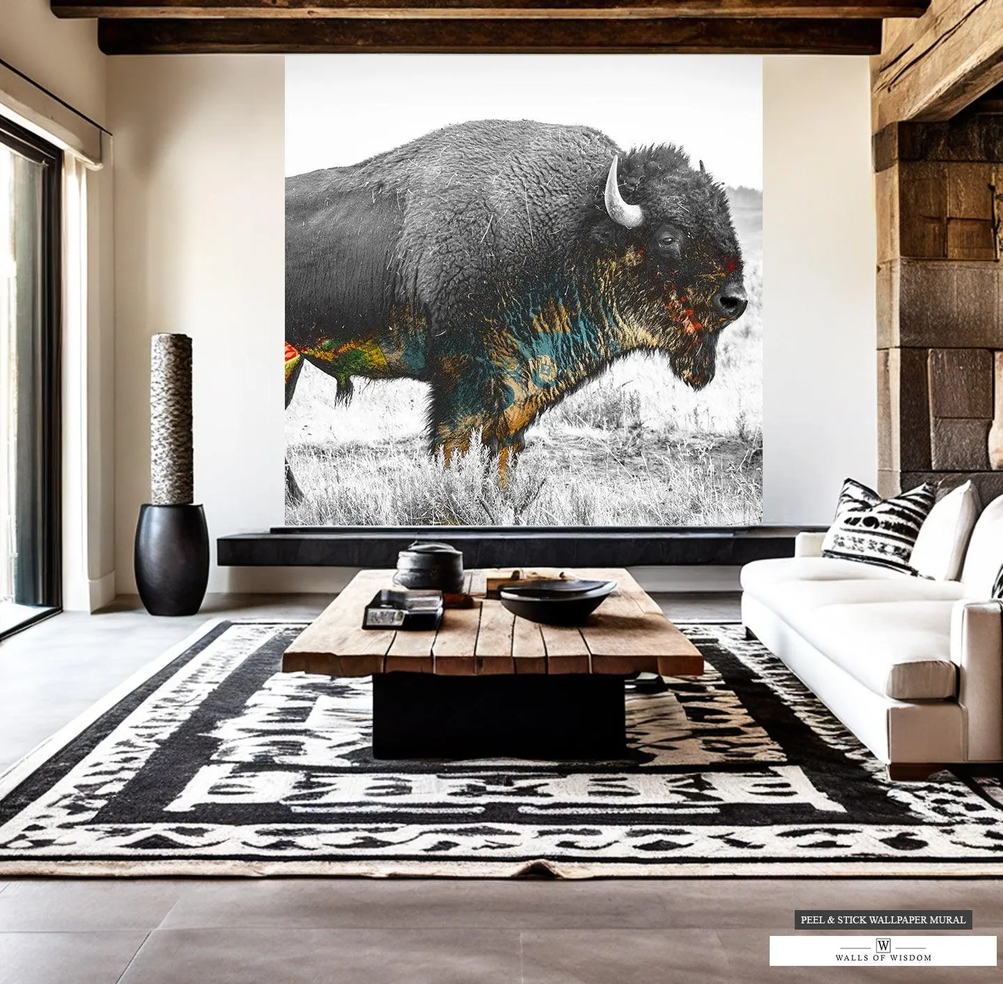 Native American Buffalo Mural - Western-Inspired Wall Art with Earth Tone Accents, Peel & Stick